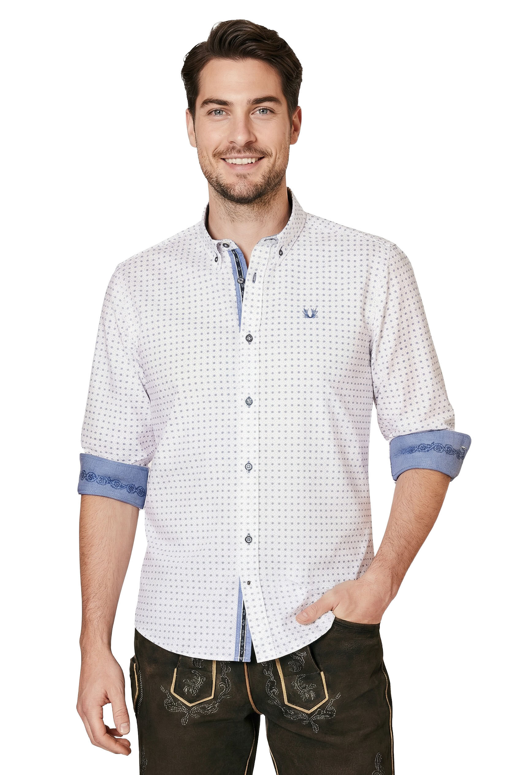 Trachtenhemd Herren Weiß/Blau SLIMFIT mit Punkten