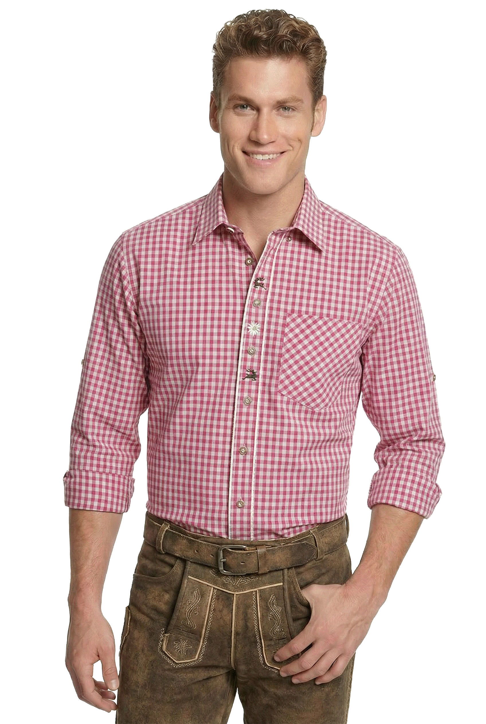 Trachtenhemd Herren kariert Rot Wiesn-Hemd Edelweiß Hirsch Stickerei