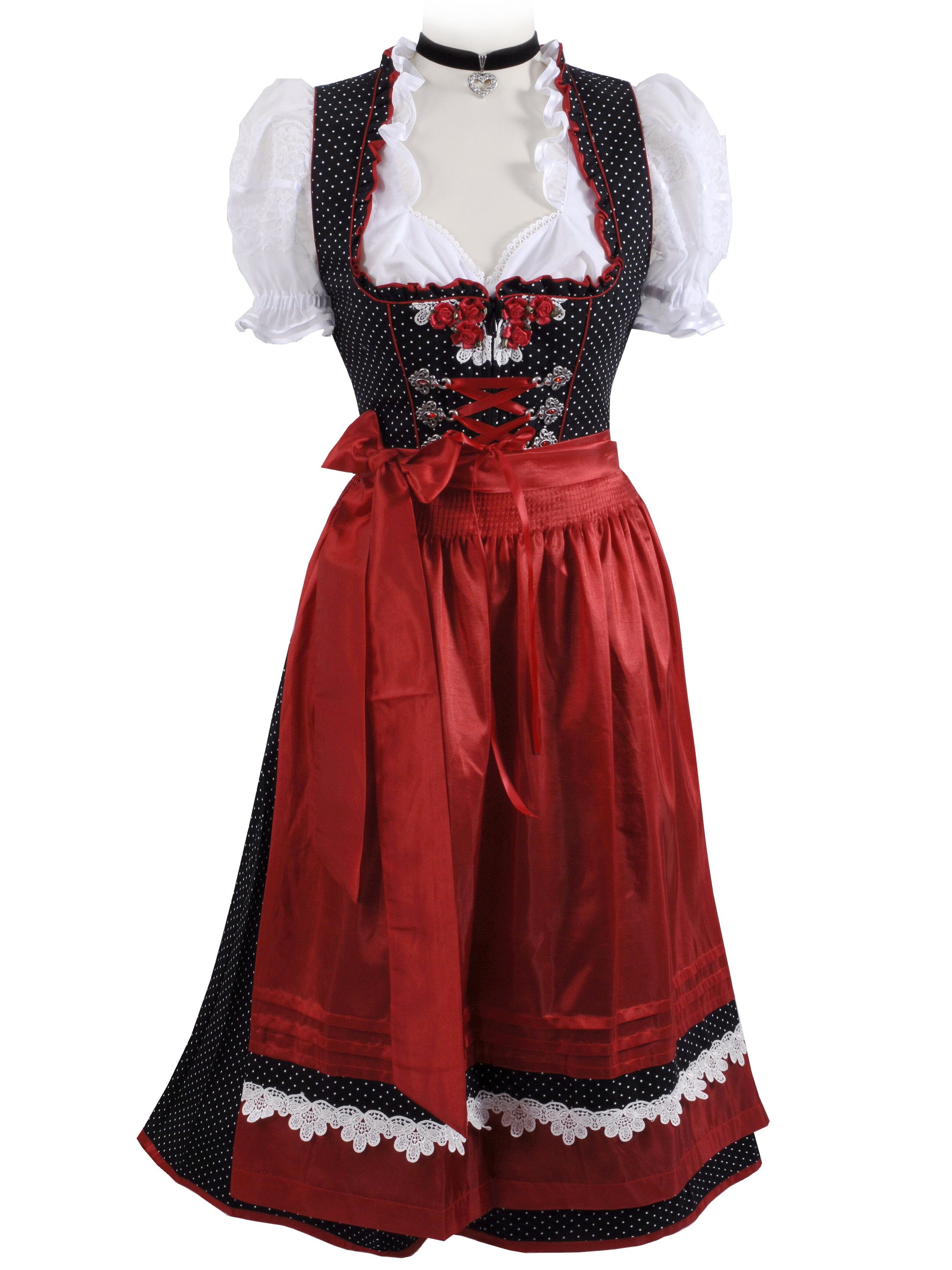 Fröhliches Midi-Dirndl - kurzes Wiesn-Dirndl zum Oktoberfest mit Tupfen Schwarz-Rot Fröhliches Midi-Dirndl - kurzes Wiesn-Dirndl zum Oktoberfest mit Tupfen Schwarz-Rot