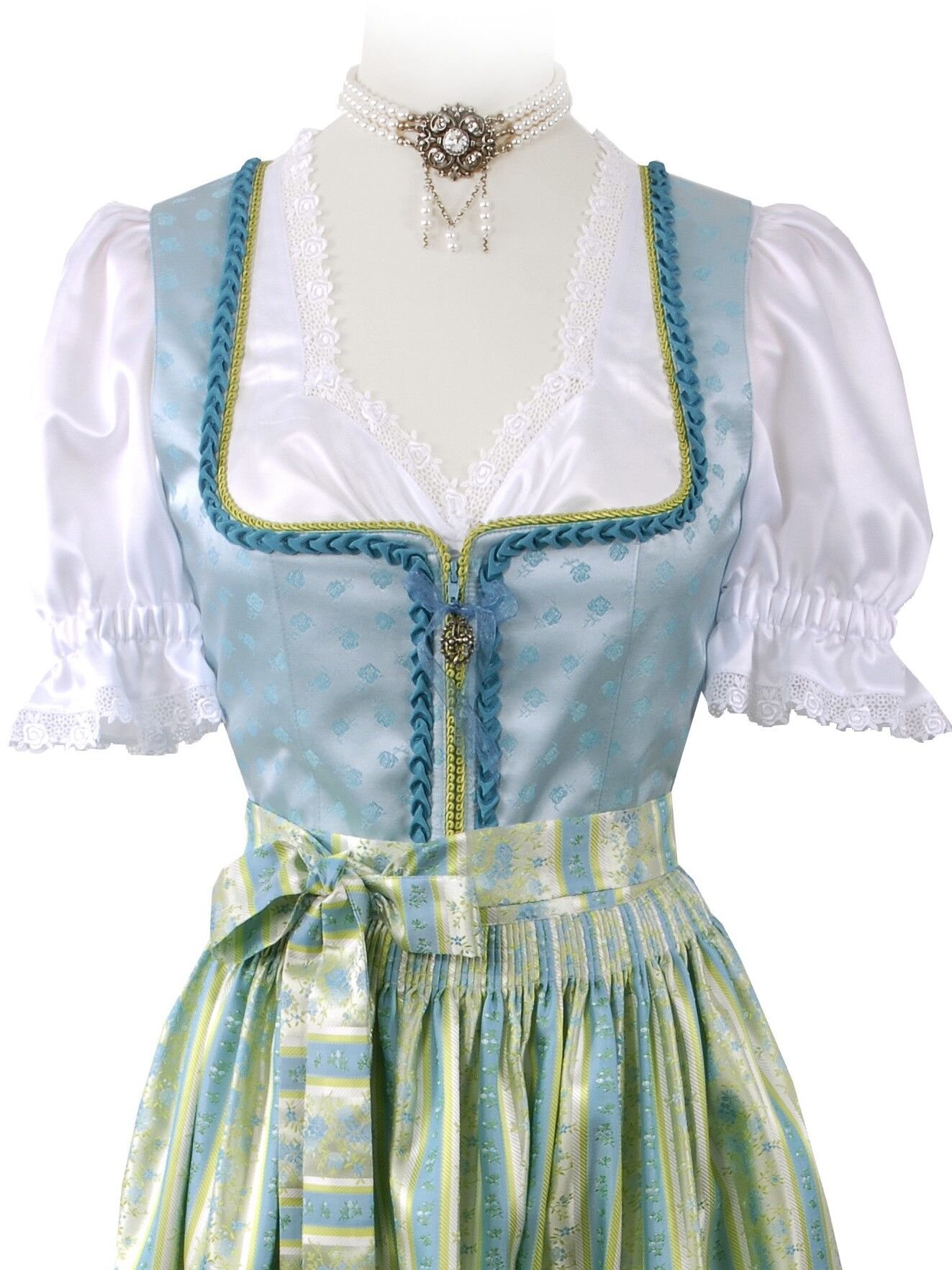 Festliches Dirndl lang - Festtagsdirndl edle Satin-Schürze Türkis Set 3-teilig + Bluse Festliches Dirndl lang - Festtagsdirndl edle Satin-Schürze Türkis Set 3-teilig + Bluse