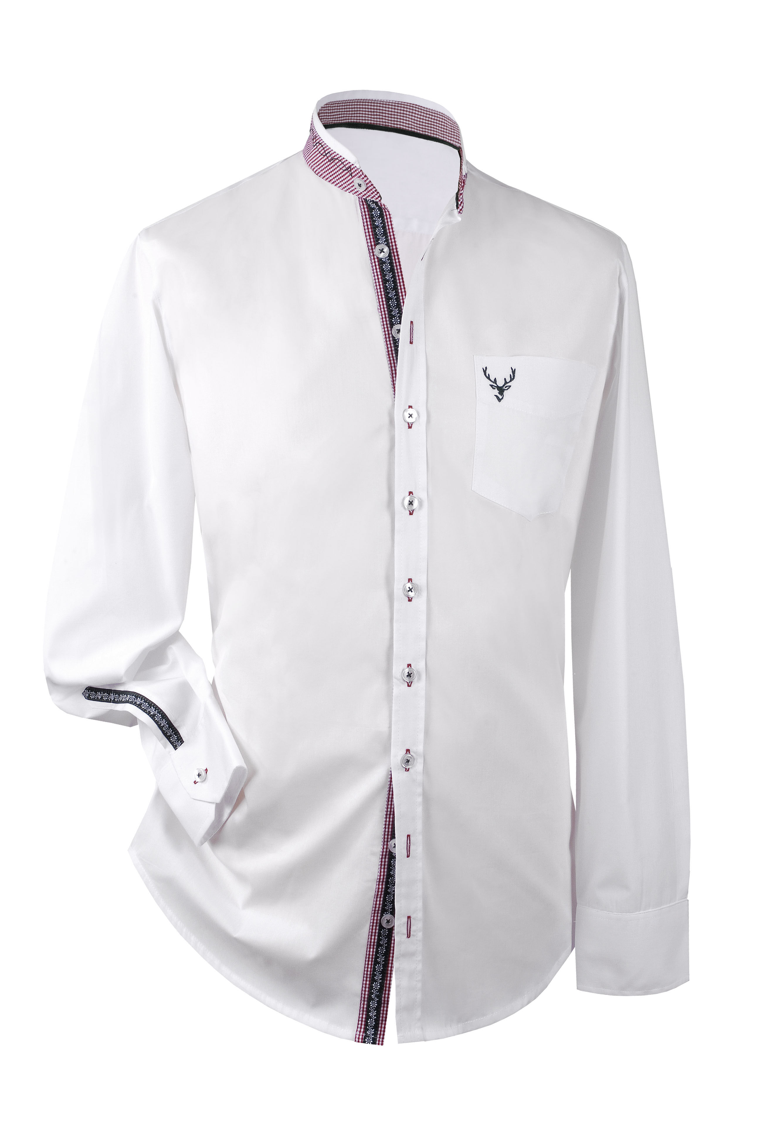 Trachtenhemd Weiß/Rot SLIMFIT Stehkragen + Hirsch-Stickerei Trachtenhemd Weiß/Rot SLIMFIT Stehkragen + Hirsch-Stickerei