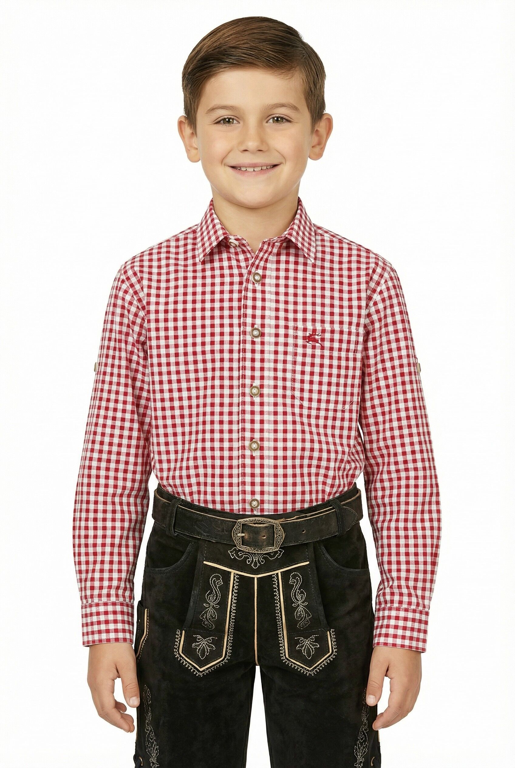Trachtenhemd Kinder kariert Rot Hirsch Stickerei
