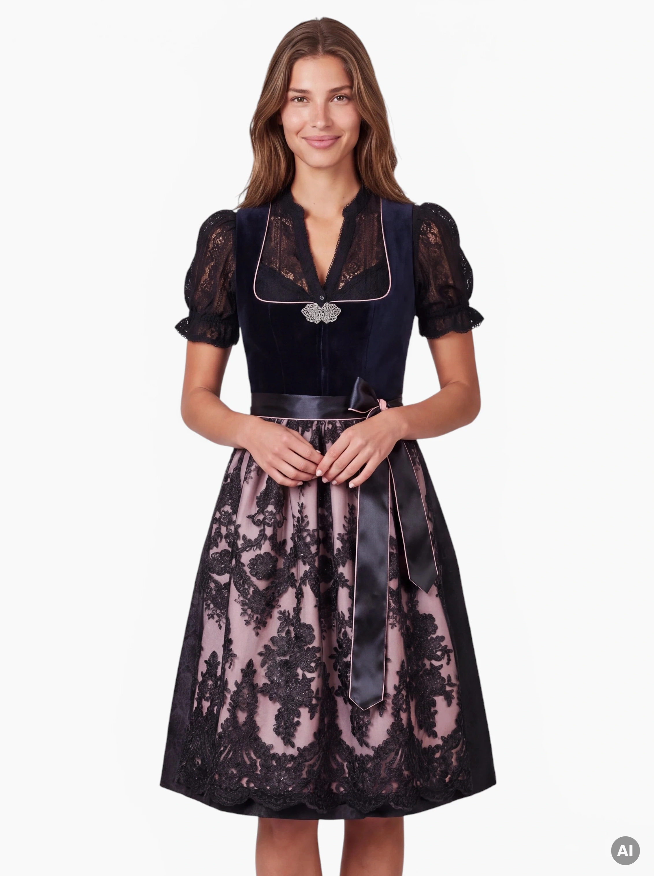 Midi-Dirndl Sarah 70 cm Schwarz mit Spitzenschürze