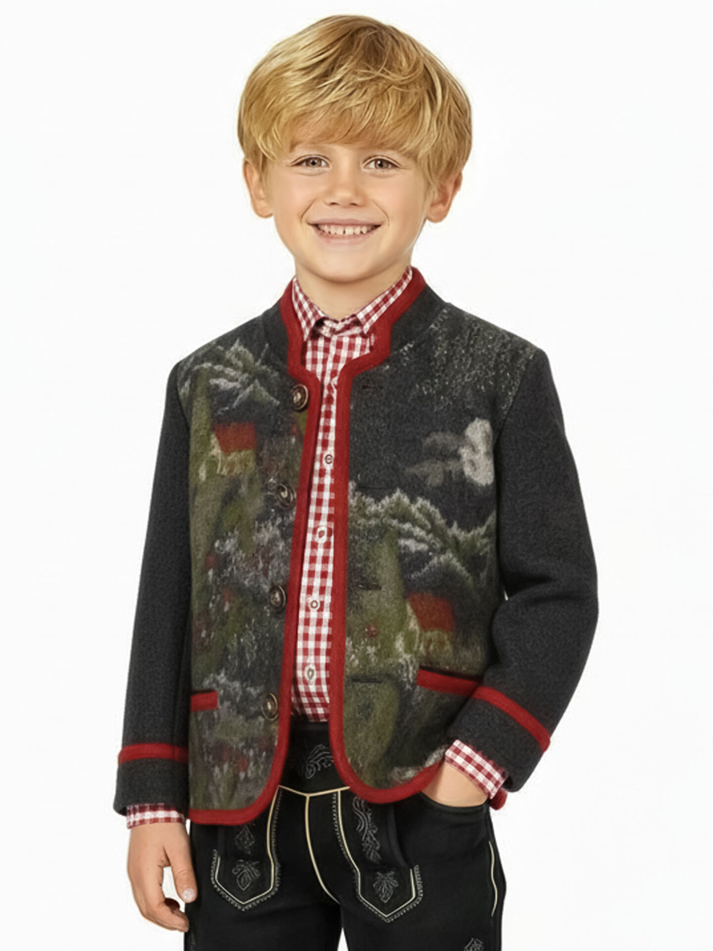Trachtenjacke Jungen/Buben 100% Merinowolle Landschaftsmotiv