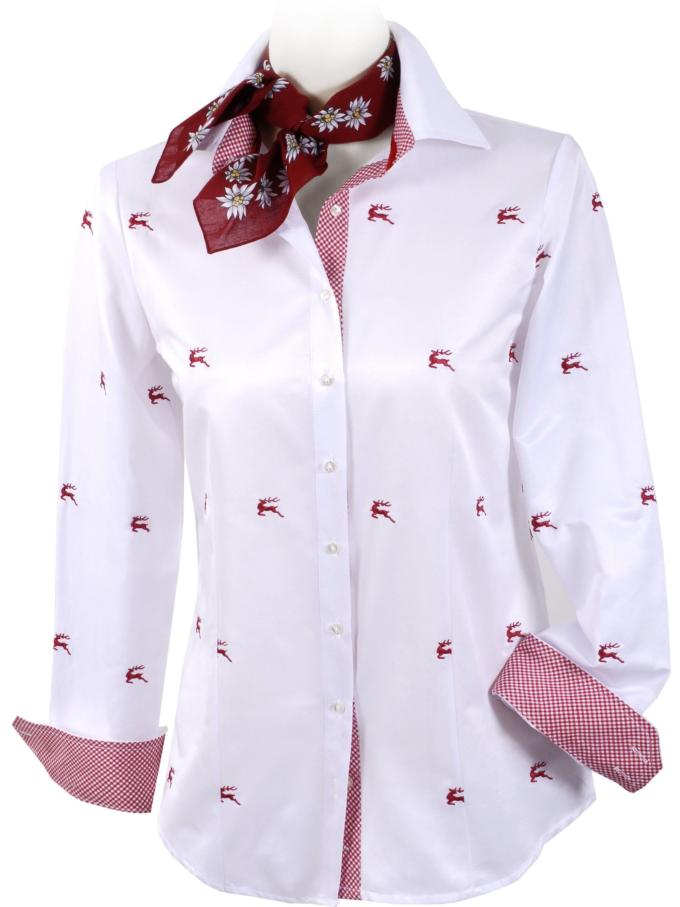 Premium Trachtenbluse Damen Langarm Hirsch-Stickerei Weiß-Rot Premium Trachtenbluse Damen Langarm Hirsch-Stickerei Weiß-Rot