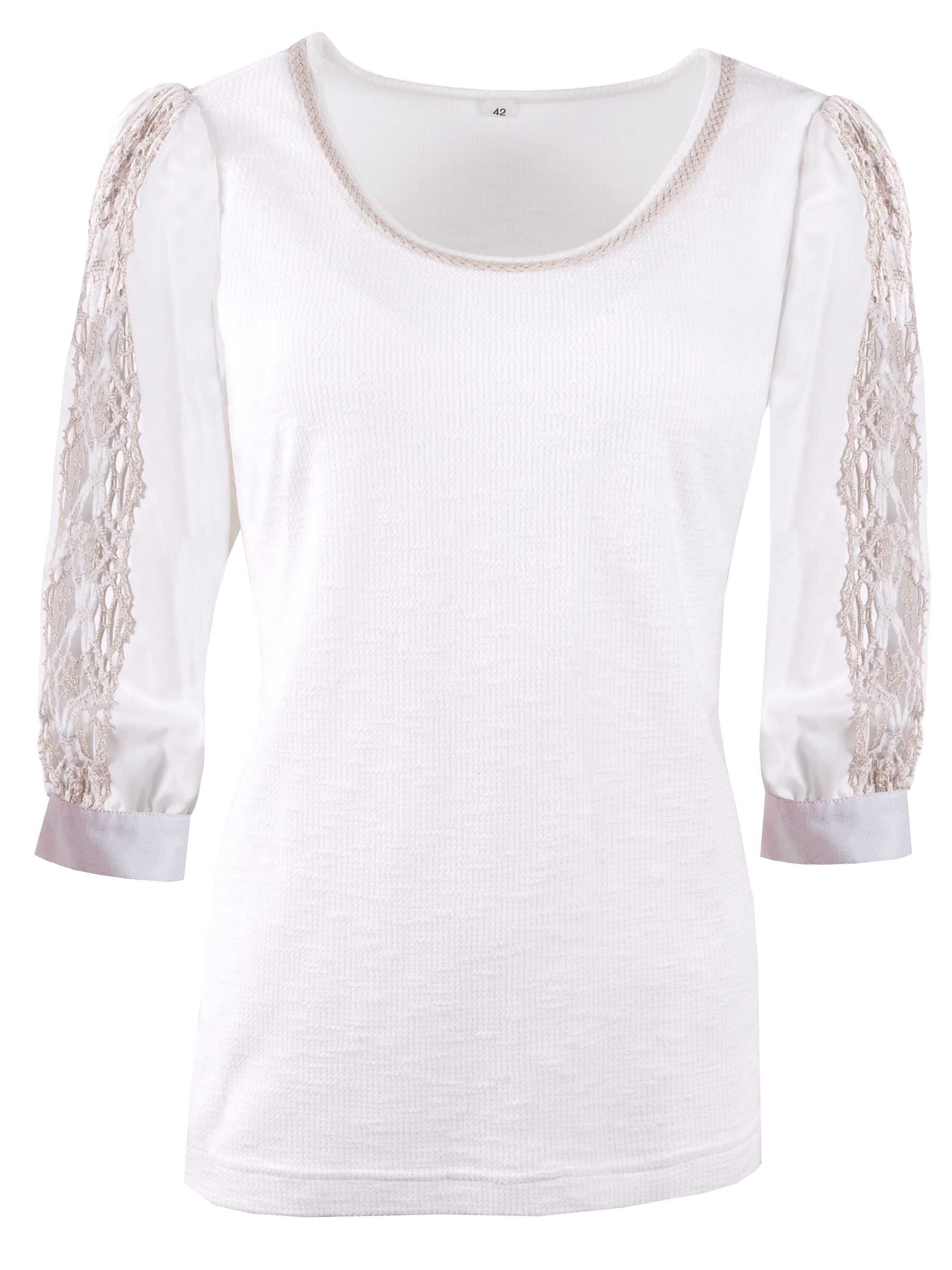 Baumwolle Trachtenshirt Damen T-Shirt 3/4 Arm Langarm Weiß-Beige Baumwolle Trachtenshirt Damen T-Shirt 3/4 Arm Langarm Weiß-Beige