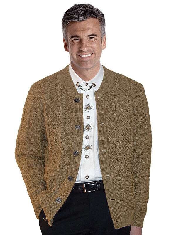 PREMIUM Trachtenstrickjacke Herren 100% Schurwolle Trachtenjanker Braun + Camel PREMIUM Trachtenstrickjacke Herren 100% Schurwolle Trachtenjanker Braun + Camel
