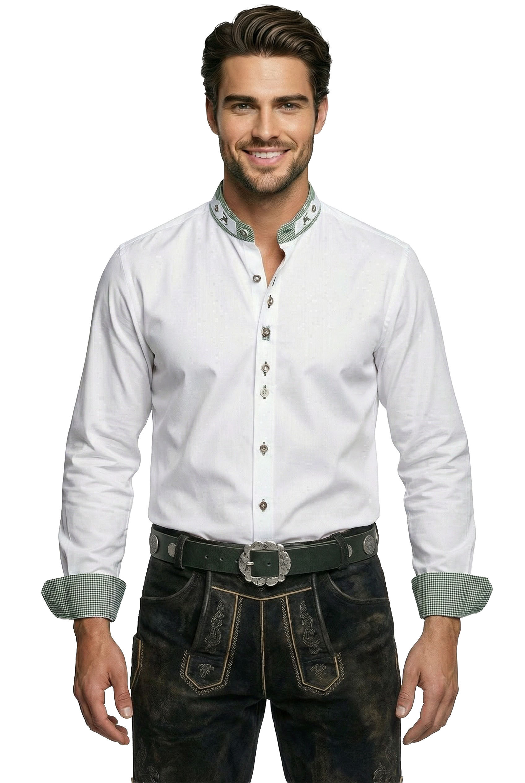 Trachtenhemd Weiß/Grün SLIMFIT Stehkragen