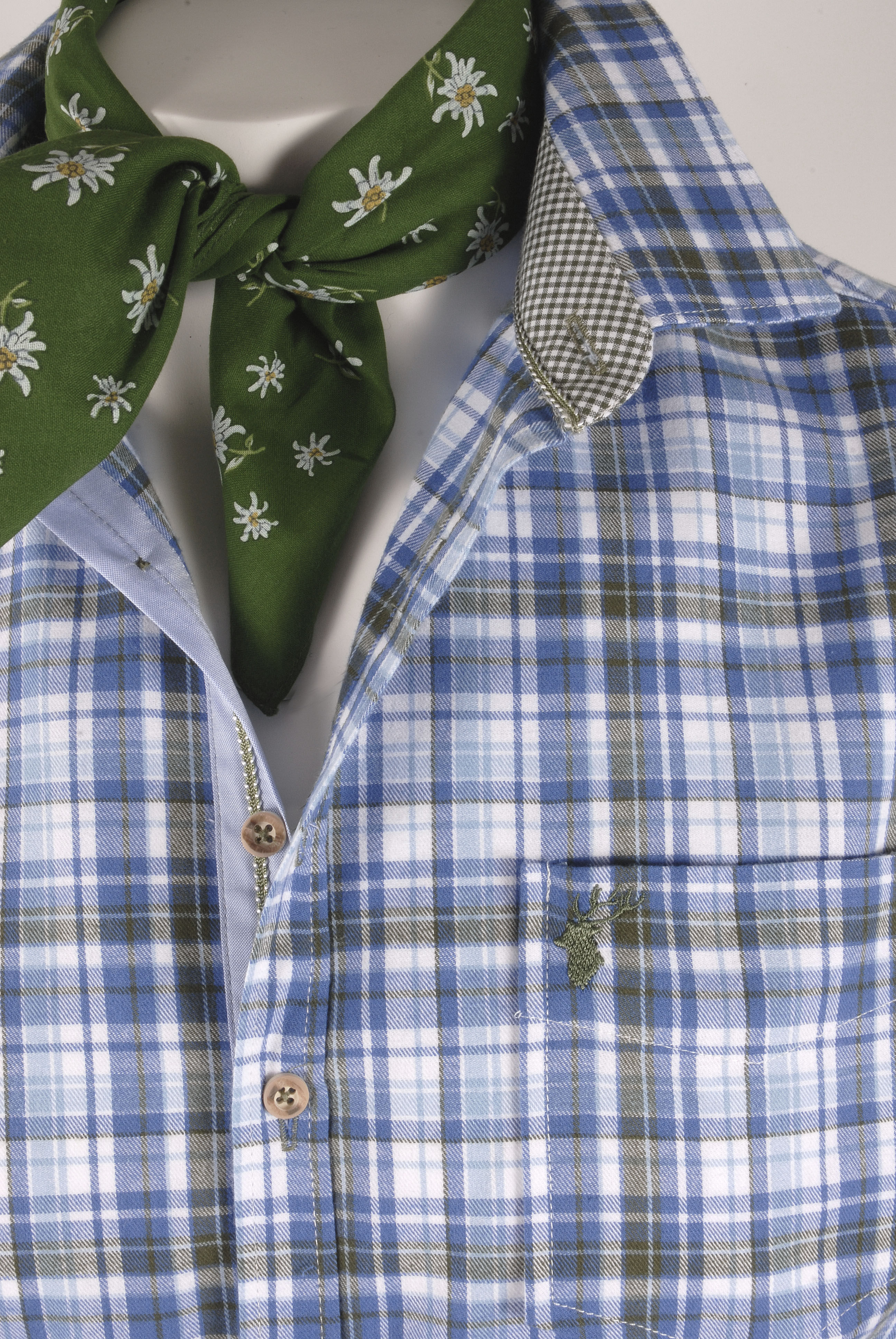 Trachtenhemd SLIM FIT kariert Blau-Grün Wiesn-Hemd mit Hirsch Stickerei Trachtenhemd SLIM FIT kariert Blau-Grün Wiesn-Hemd mit Hirsch Stickerei