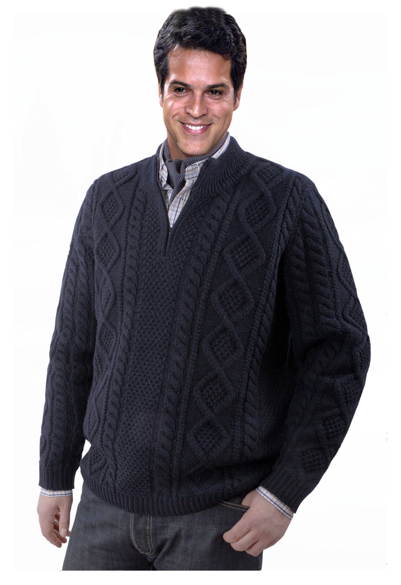 Premium Strickpullover Herren 100% Schurwolle Troyer Aran-Strick