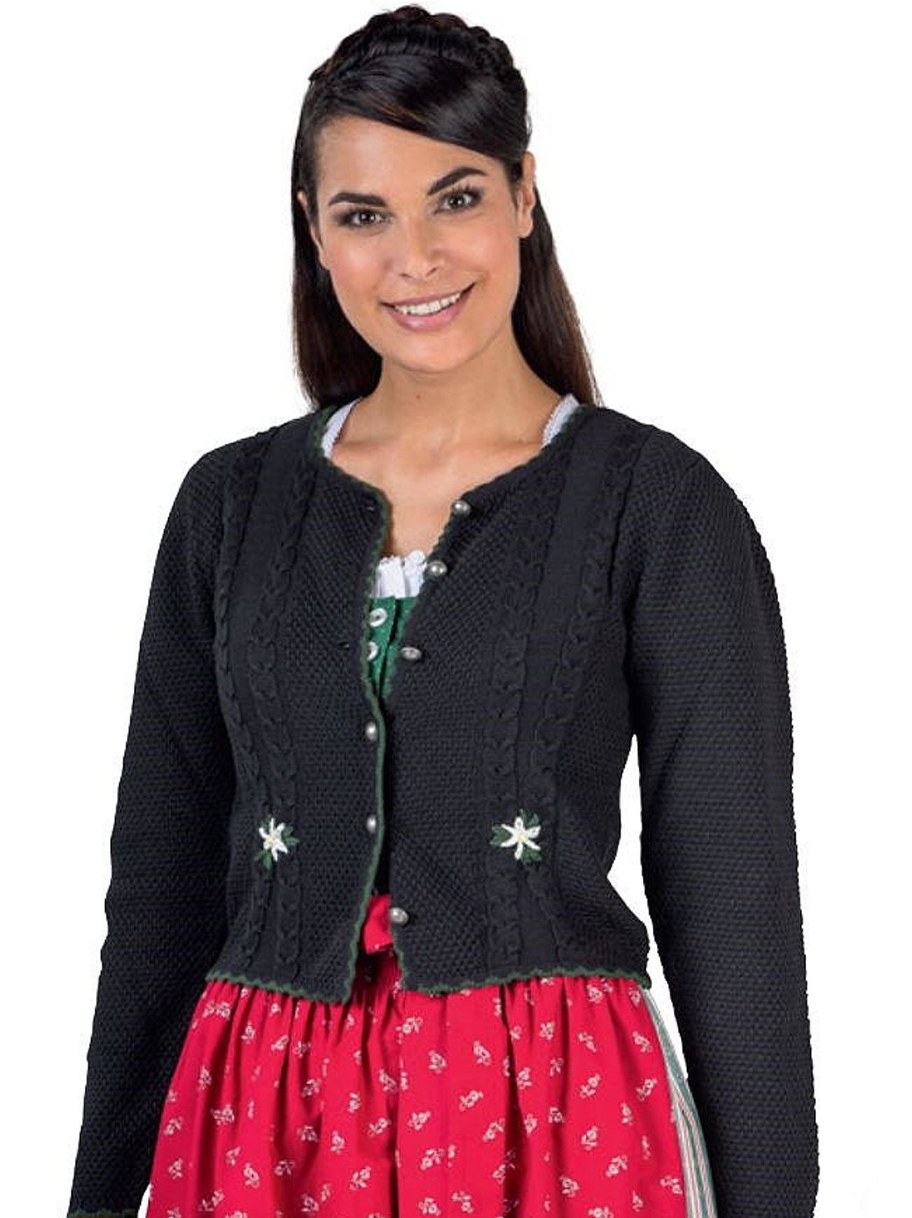 Trachtenstrickjacke Damen - kurze Dirndljacke Schwarz mit Edelweiß-Stickerei Trachtenstrickjacke Damen - kurze Dirndljacke Schwarz mit Edelweiß-Stickerei