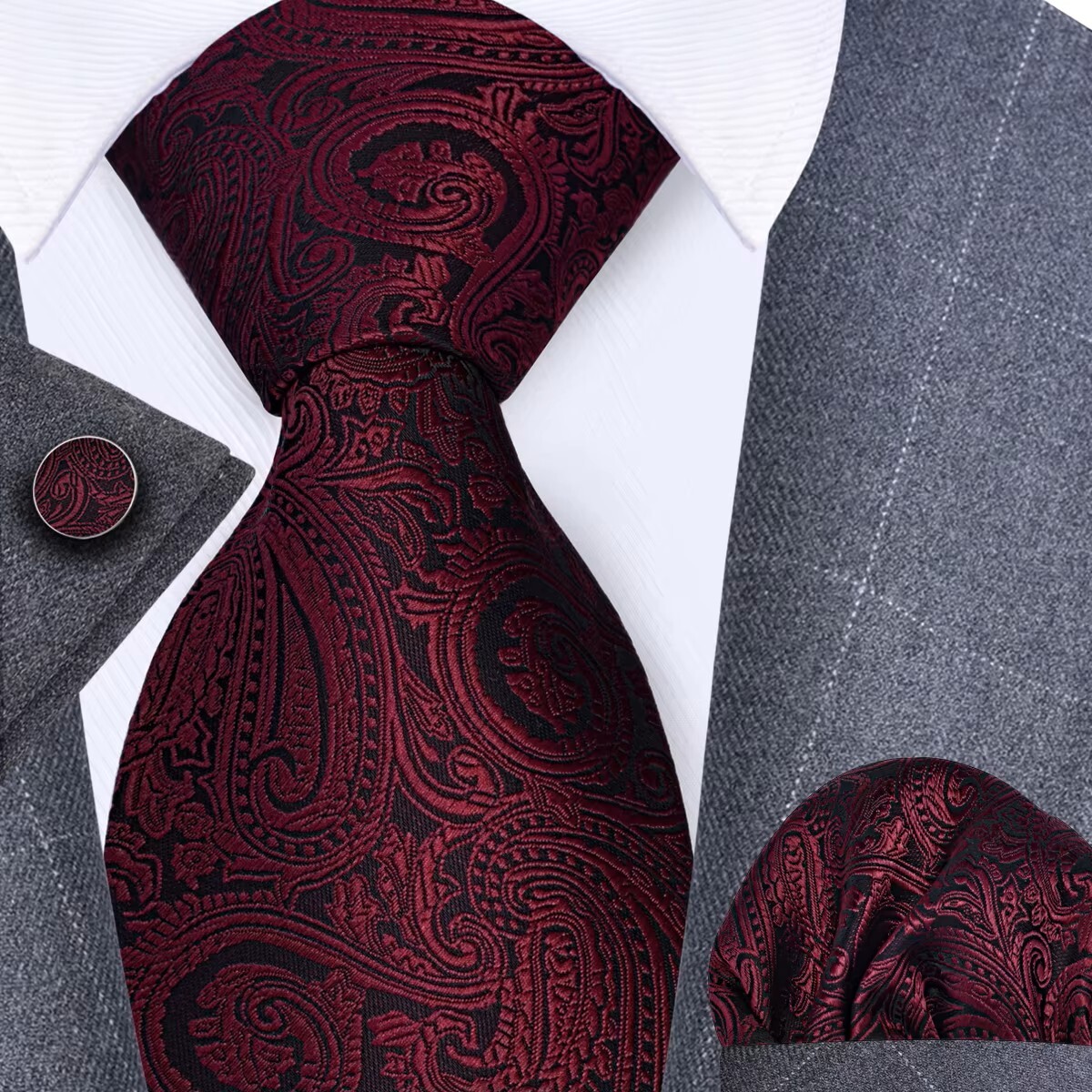 Trachtenkrawatte Paisley 100% Seide 3-tlg. Set festlich + Einstecktuch + Manschettenknöpfen