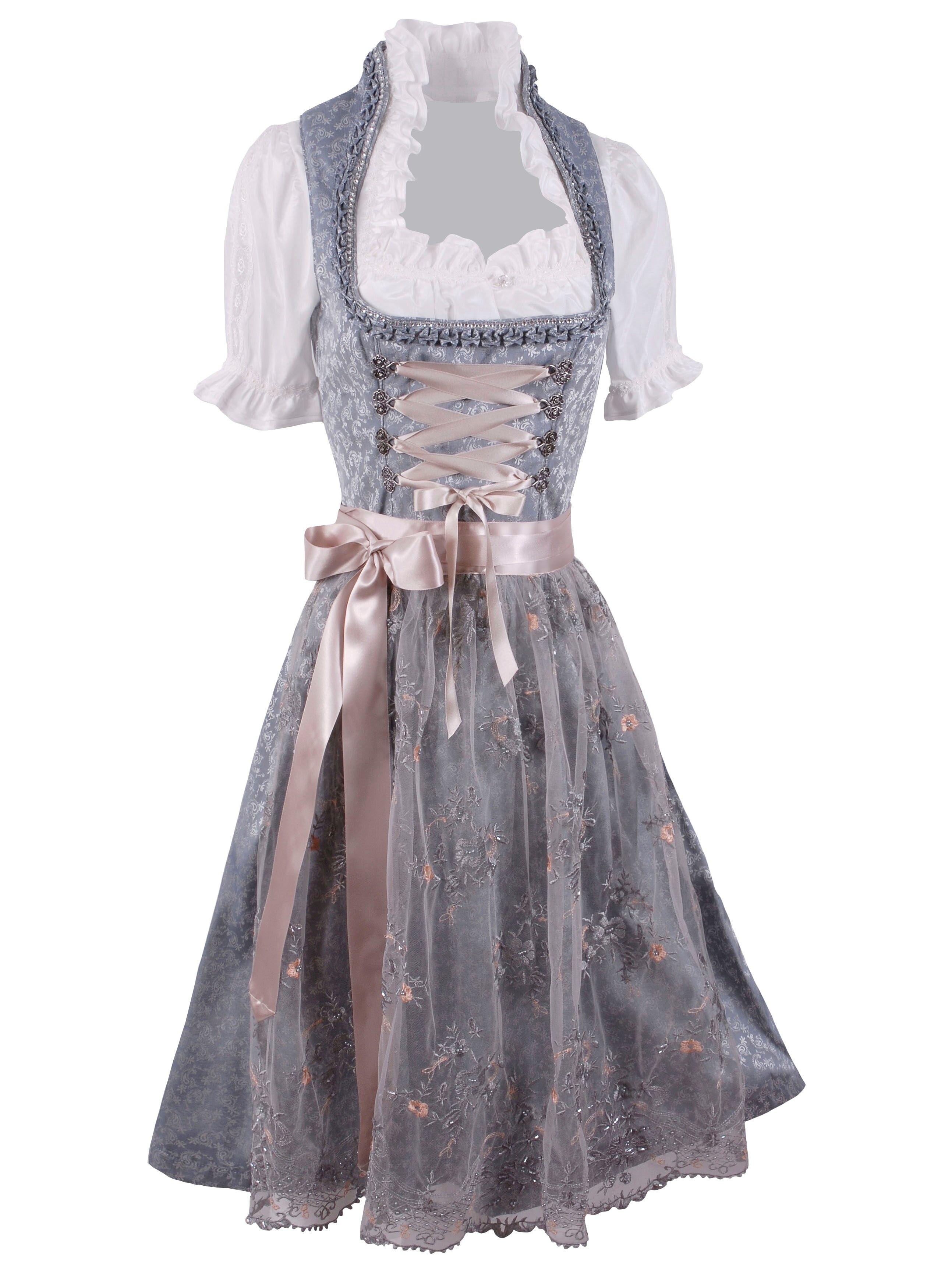 Festliches Midi-Dirndl - kurzes Dirndl mit Spitzenschürze Blau-Silber Festliches Midi-Dirndl - kurzes Dirndl mit Spitzenschürze Blau-Silber