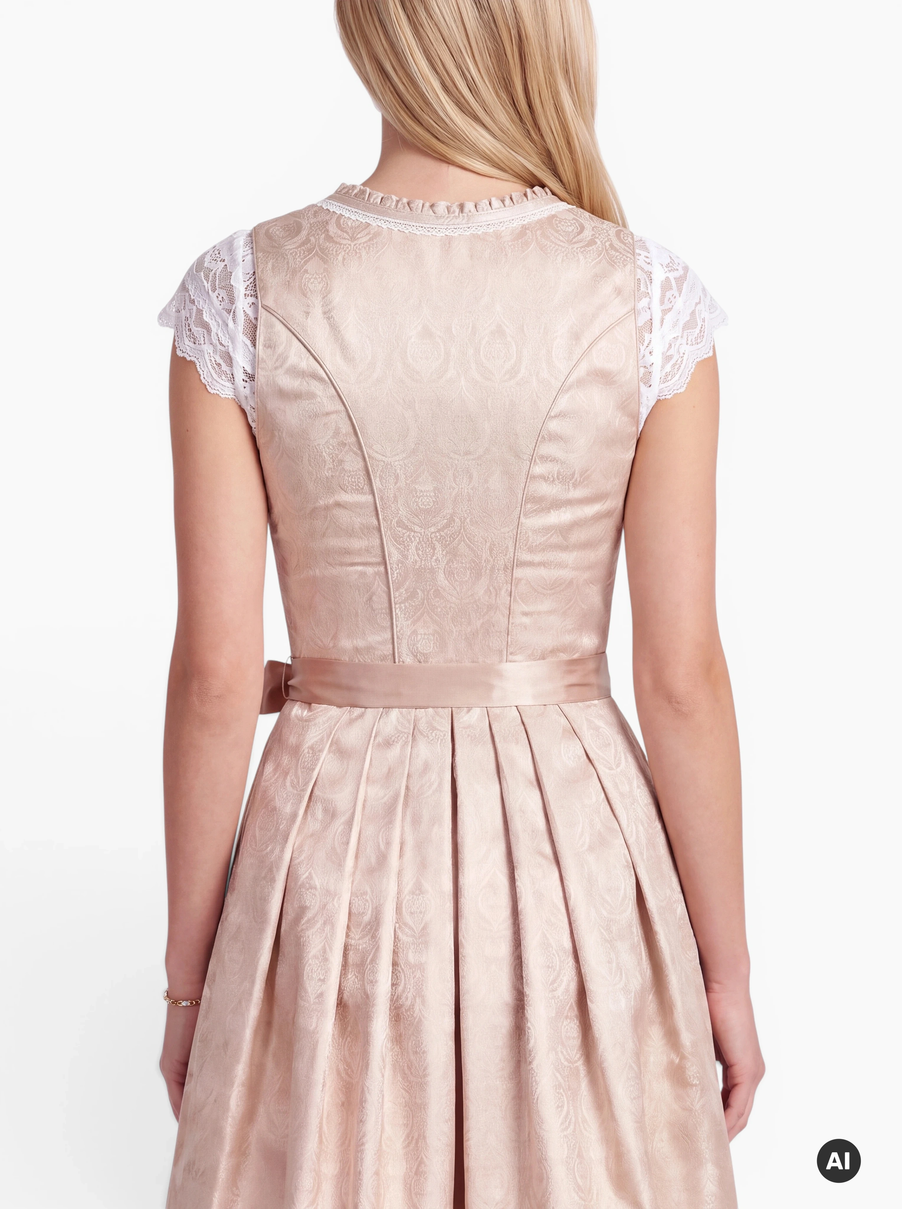 Midi-Dirndl Anna 65 cm Beige-Rosé mit Spitzenschürze & Schnürung