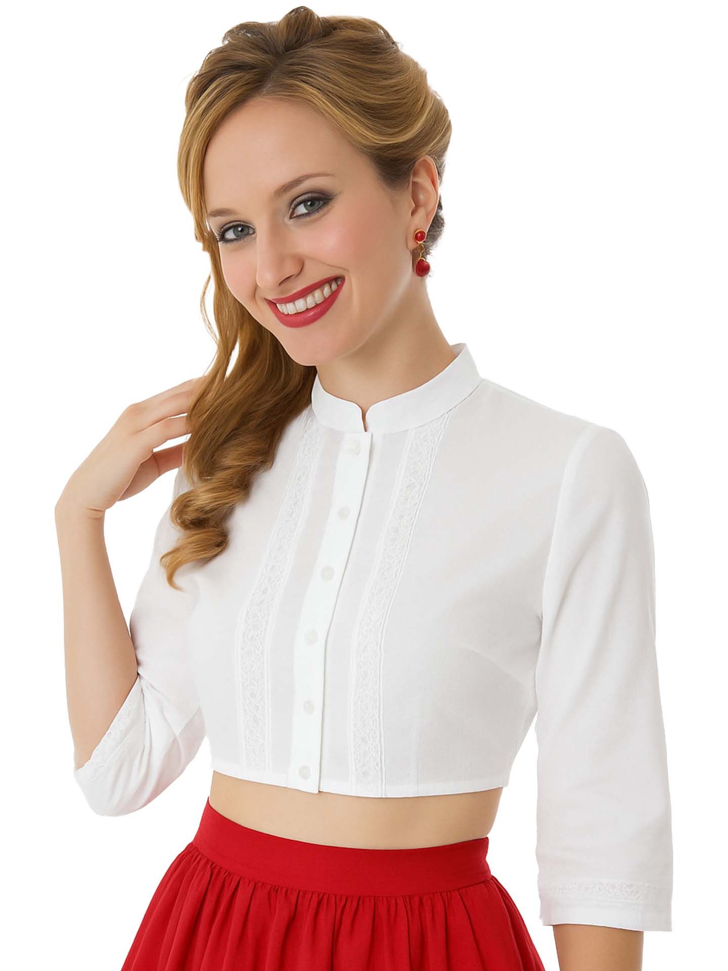 Dirndlbluse Damen 3/4 Arm Langarm hochgeschlossen Stehkragen + Spitze