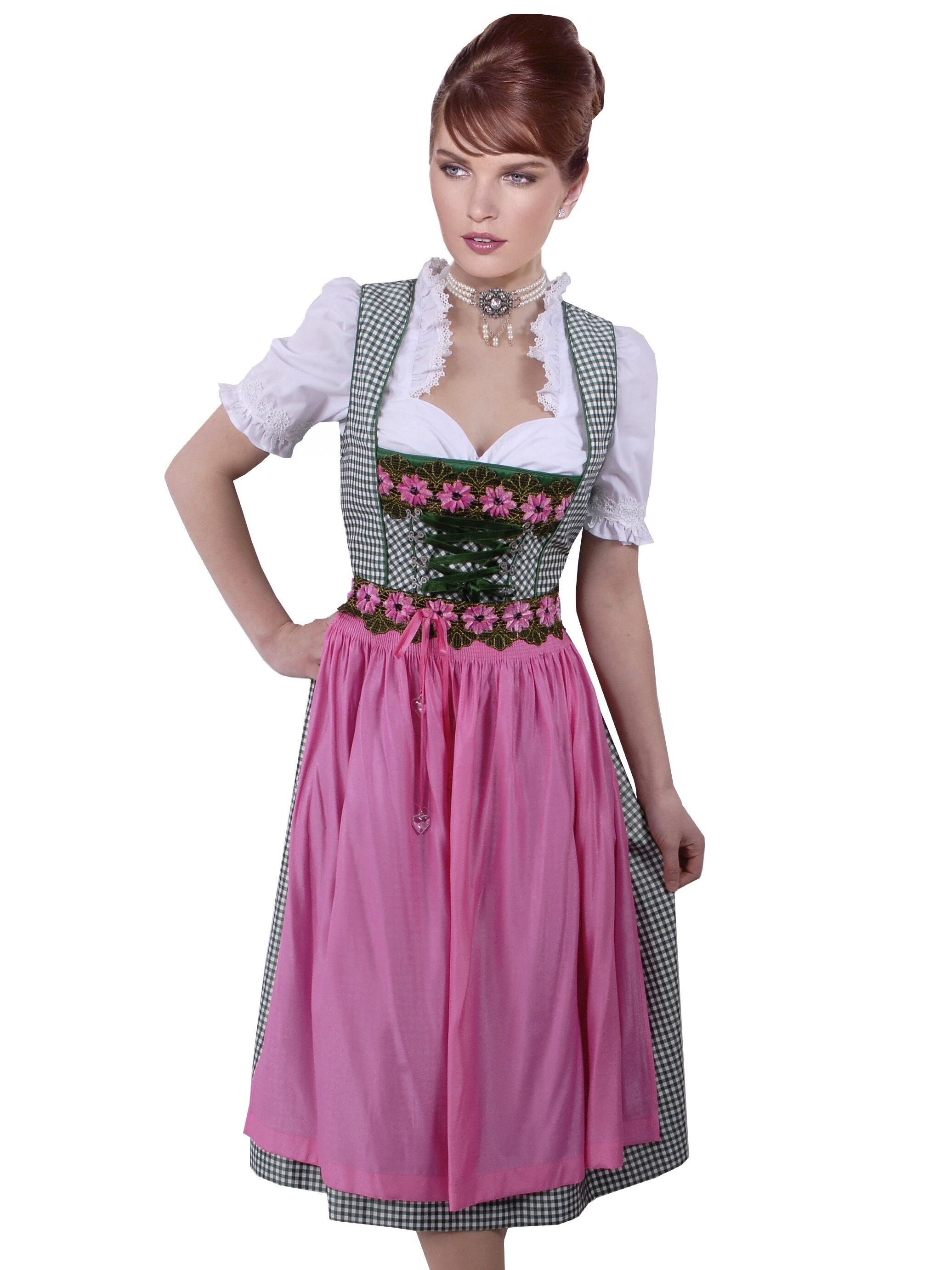 Fröhliches Midi-Dirndl - kurzes Wiesn-Dirndl  kariert Grün-Pink Fröhliches Midi-Dirndl - kurzes Wiesn-Dirndl  kariert Grün-Pink