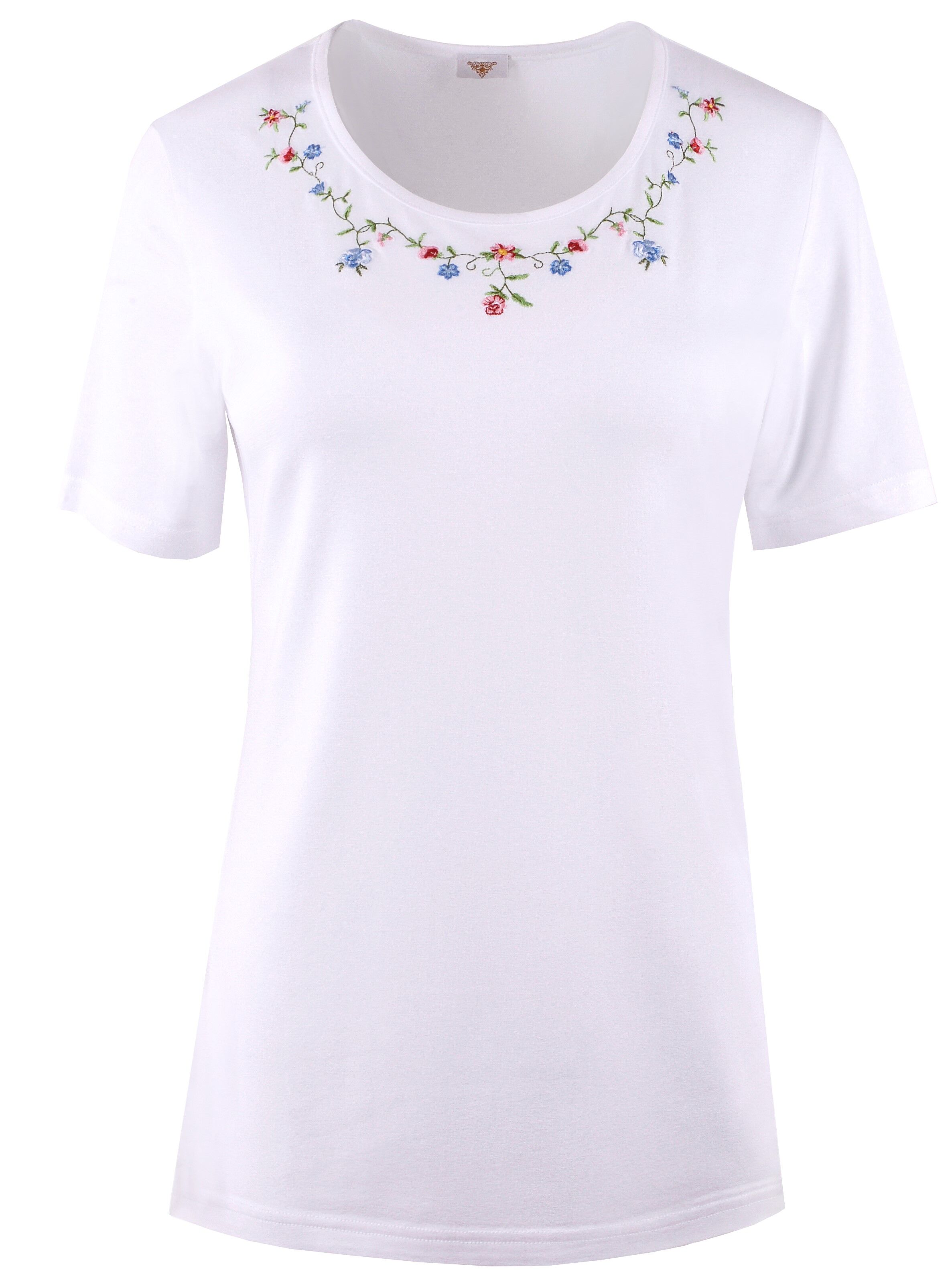 PREMIUM Trachtenshirt Damen T-Shirt lang Blumen-Stickerei Weiß