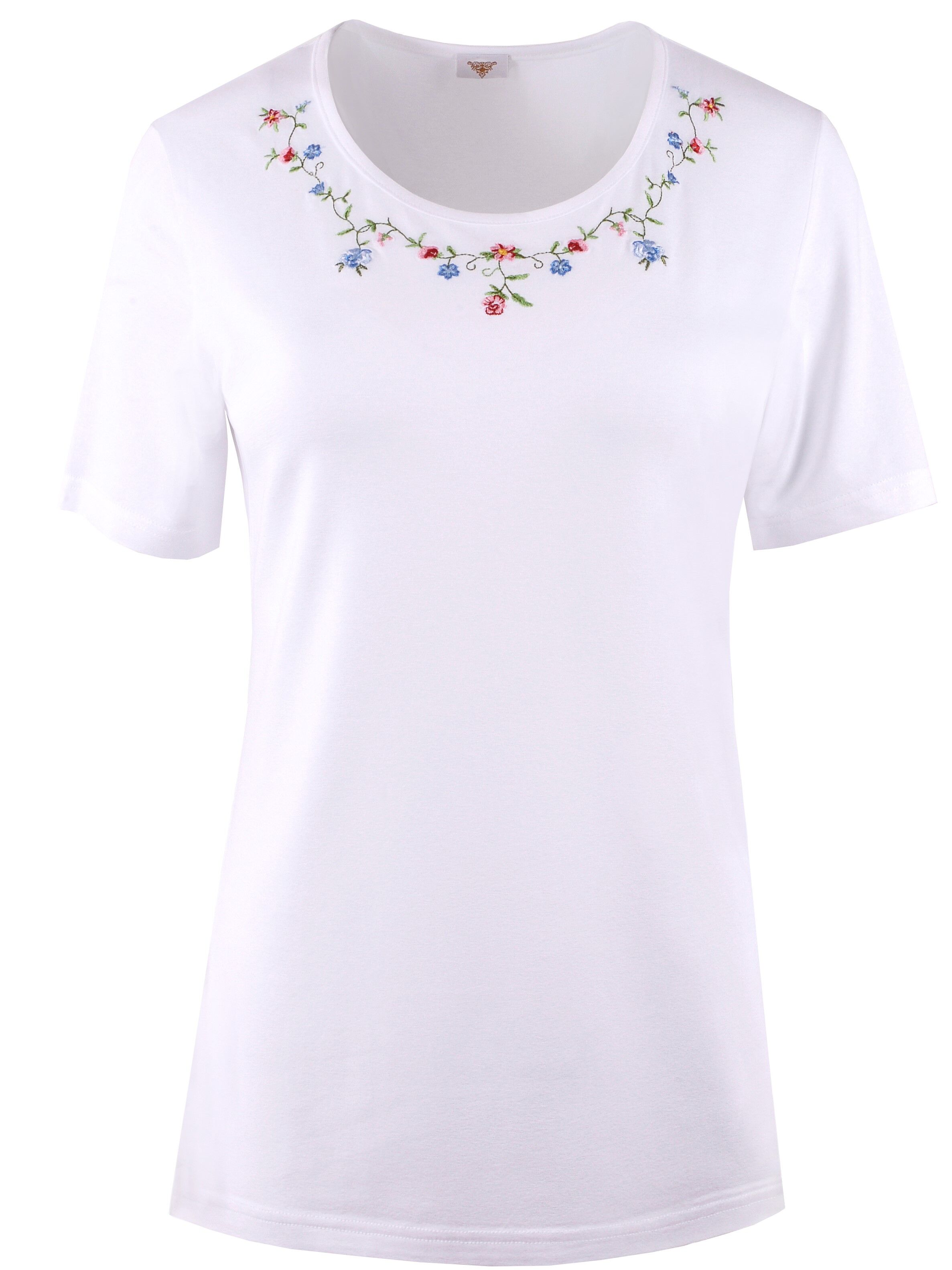 PREMIUM Trachtenshirt Damen T-Shirt lang Blumen-Stickerei Weiß PREMIUM Trachtenshirt Damen T-Shirt lang Blumen-Stickerei Weiß