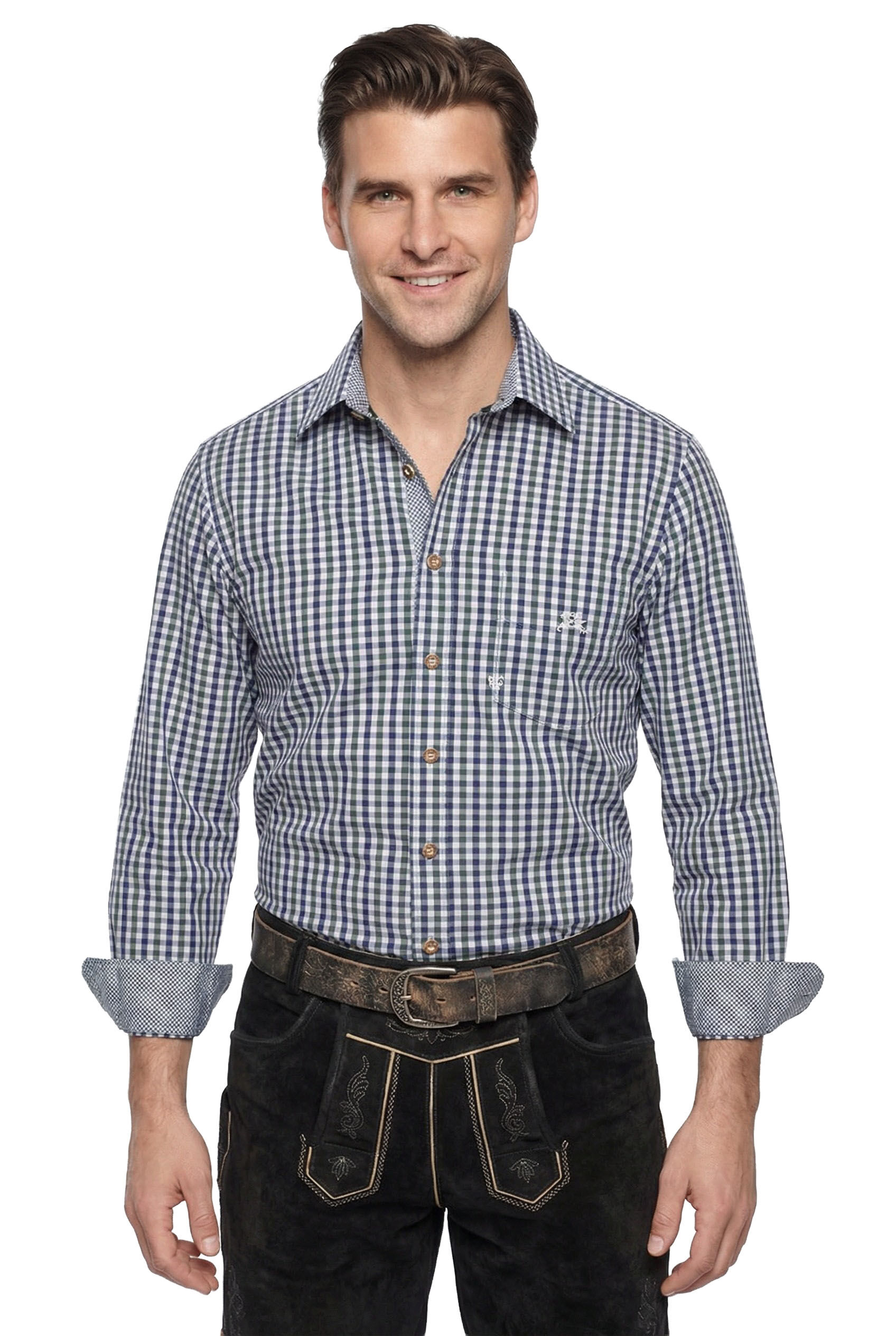PREMIUM Trachtenhemd SLIM fit kariert Grün-Blau "easy care bügelfrei"