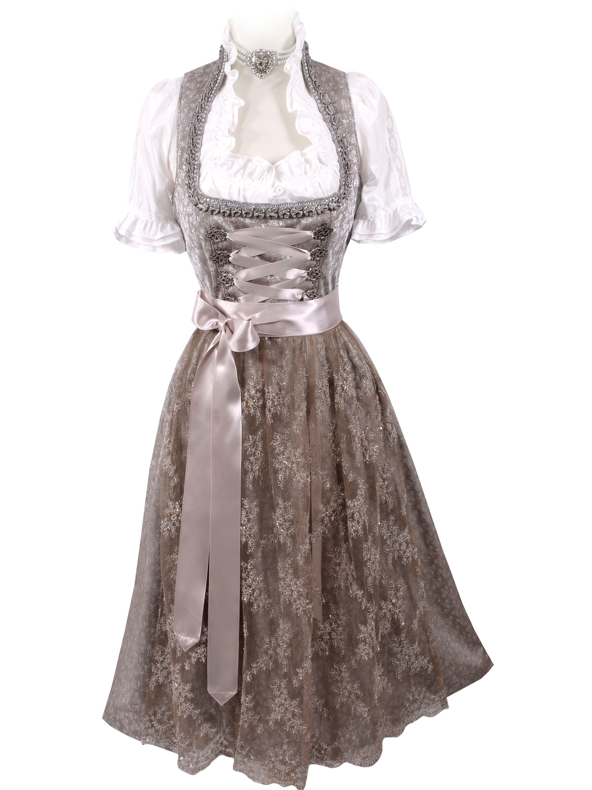 Festliches Midi-Dirndl - kurzes Dirndl mit Spitzenschürze Beige Festliches Midi-Dirndl - kurzes Dirndl mit Spitzenschürze Beige