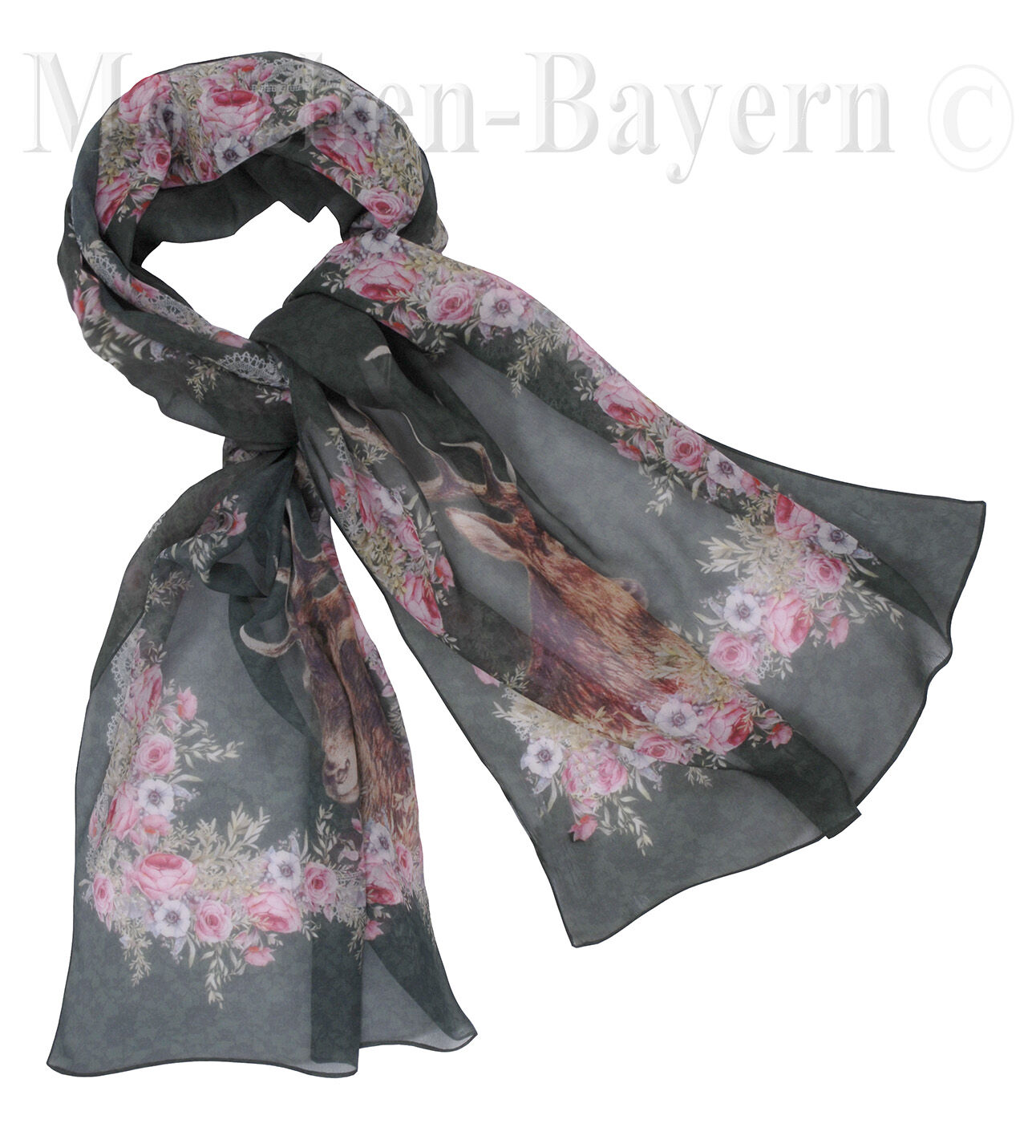 Trachtenschal duftiger Georgette Hirsch + Rosen Grün Oliv Trachtenschal duftiger Georgette Hirsch + Rosen Grün Oliv