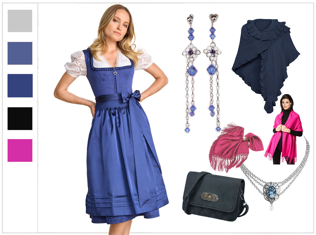 Festliches Midi-Dirndl - kurzes Dirndl mit edlen Design-Elementen Blau-Marine 