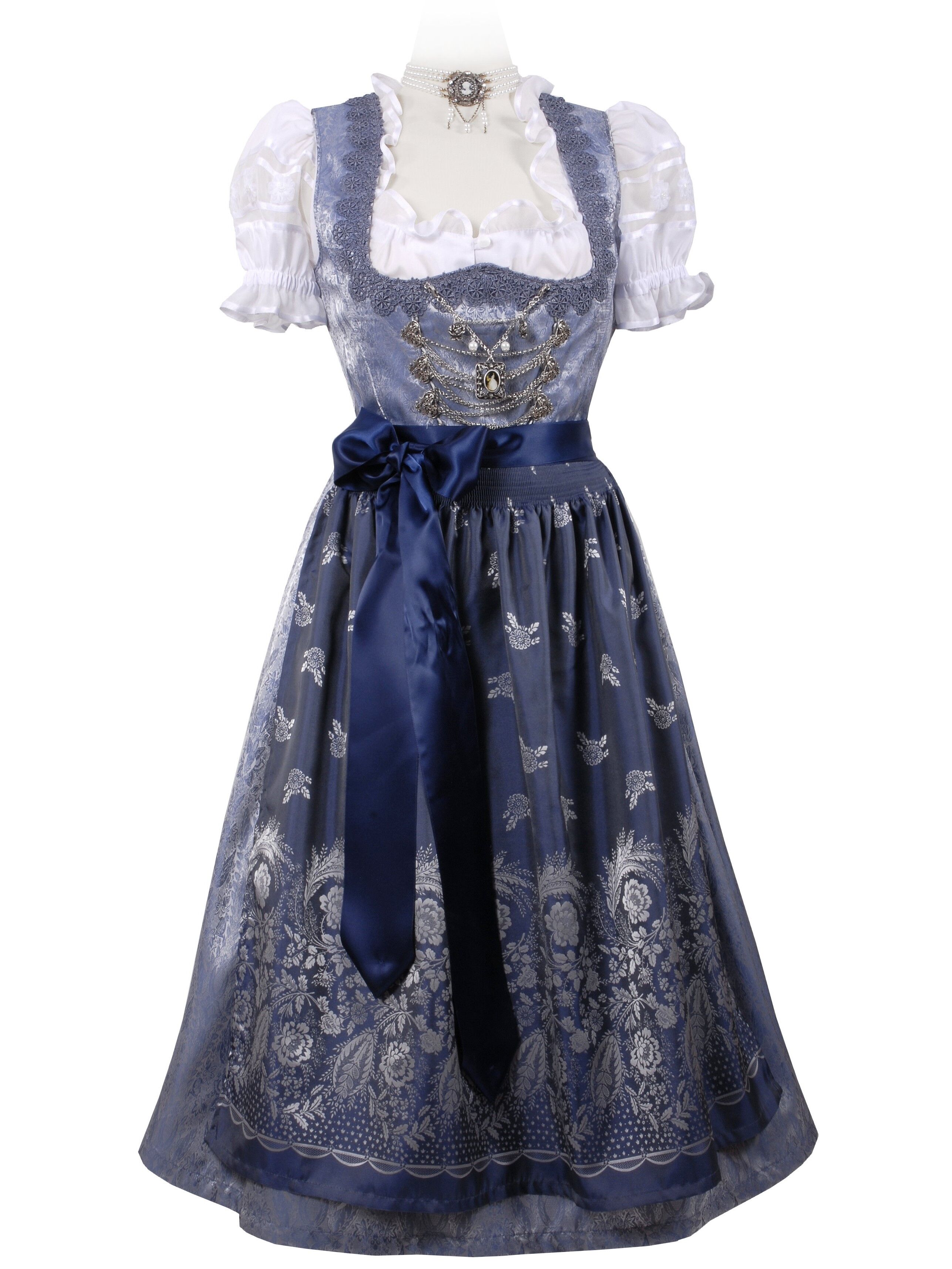 Festliches Midi-Dirndl - kurzes Dirndl mit edler Satinschürze Blau-Silber Festliches Midi-Dirndl - kurzes Dirndl mit edler Satinschürze Blau-Silber