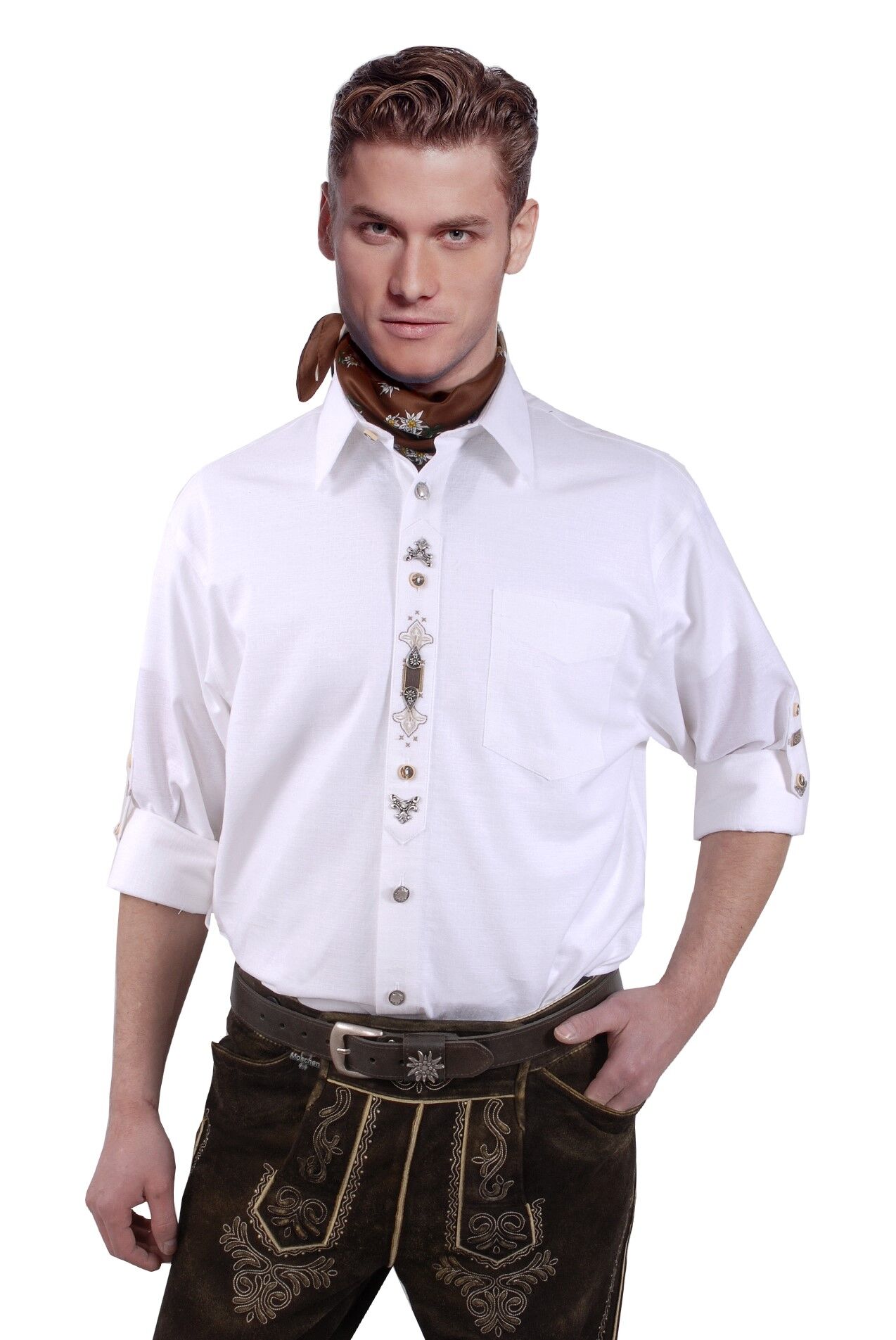 Trachtenhemd Herren Weiß mit Stickerei Trachtenhemd Herren Weiß mit Stickerei