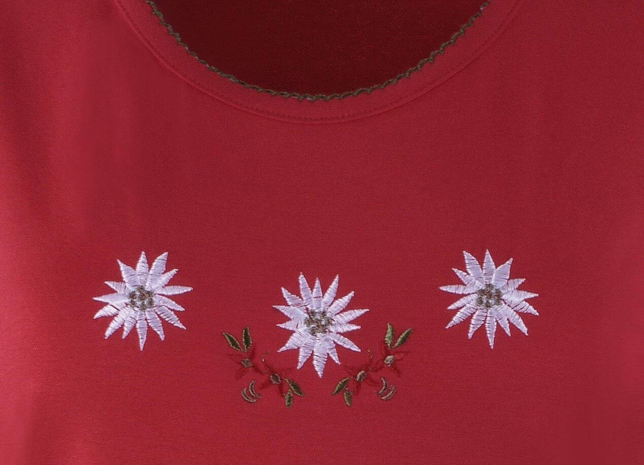 PREMIUM Trachtenshirt Damen T-Shirt lang Edelweiß-Stickerei Rot