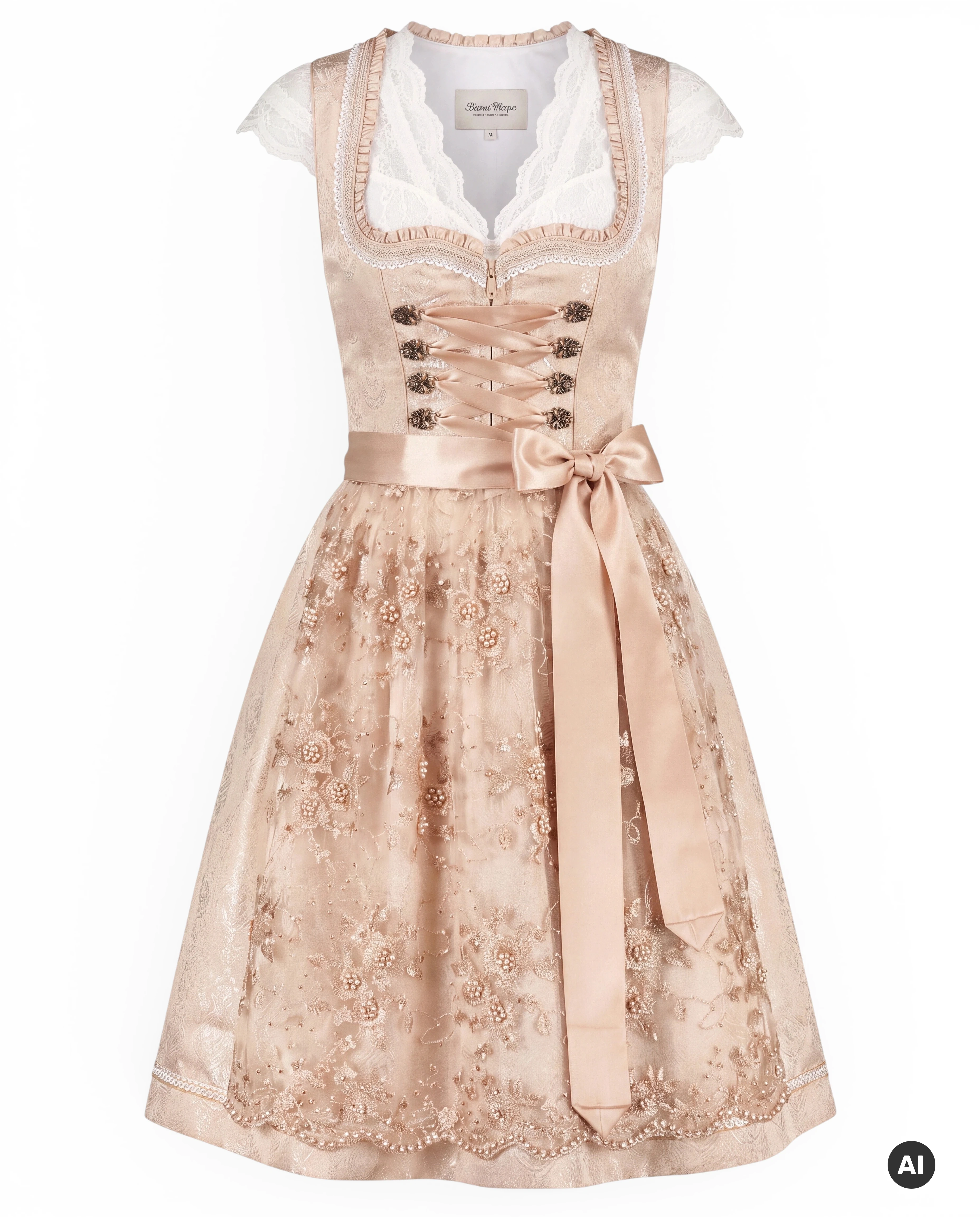 Midi-Dirndl Anna 65 cm Beige-Rosé mit Spitzenschürze & Schnürung
