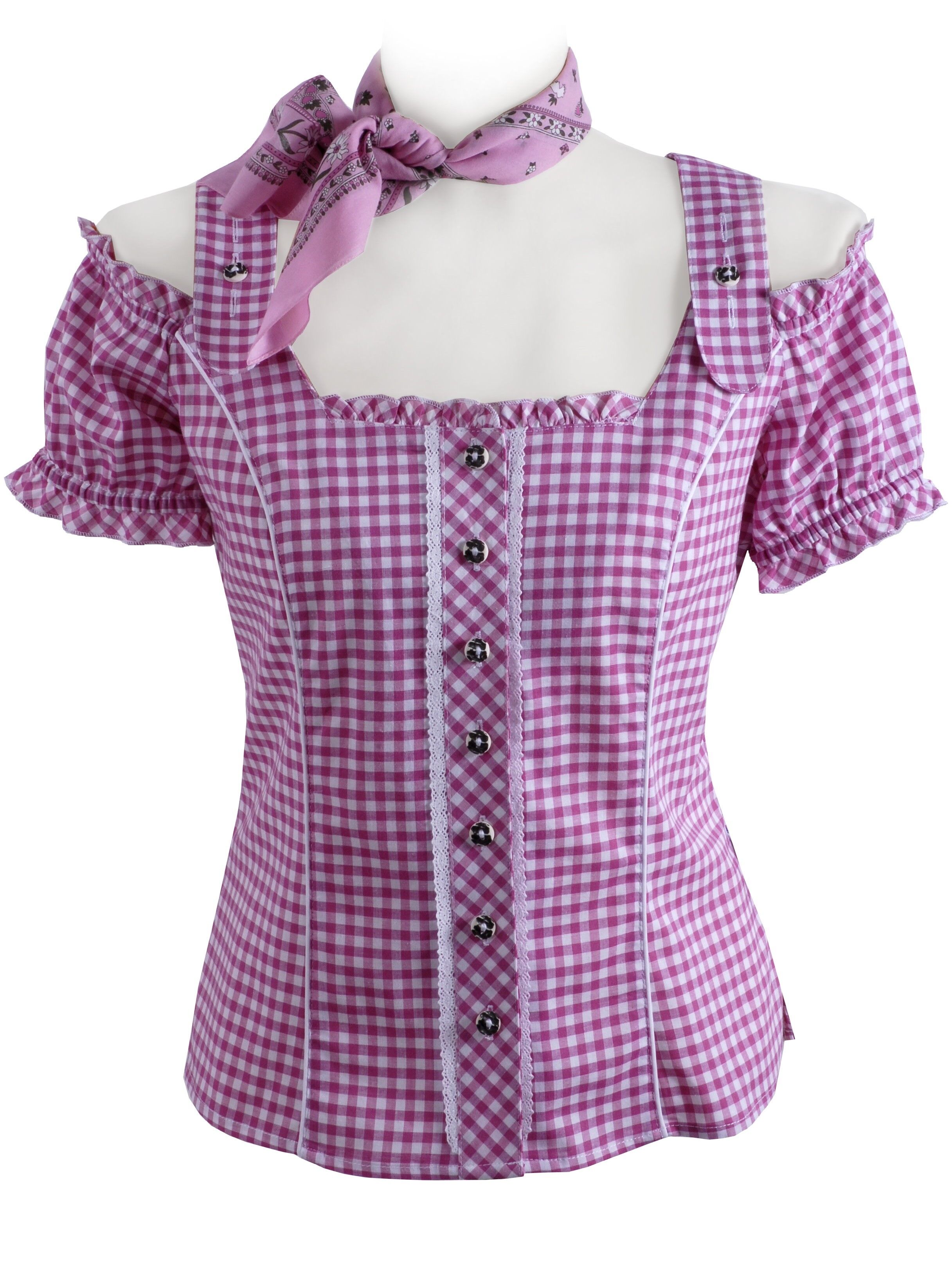 Trachtenbluse Damen kariert Kurzarm Carmenstil Schulterfrei Pink Trachtenbluse Damen kariert Kurzarm Carmenstil Schulterfrei Pink