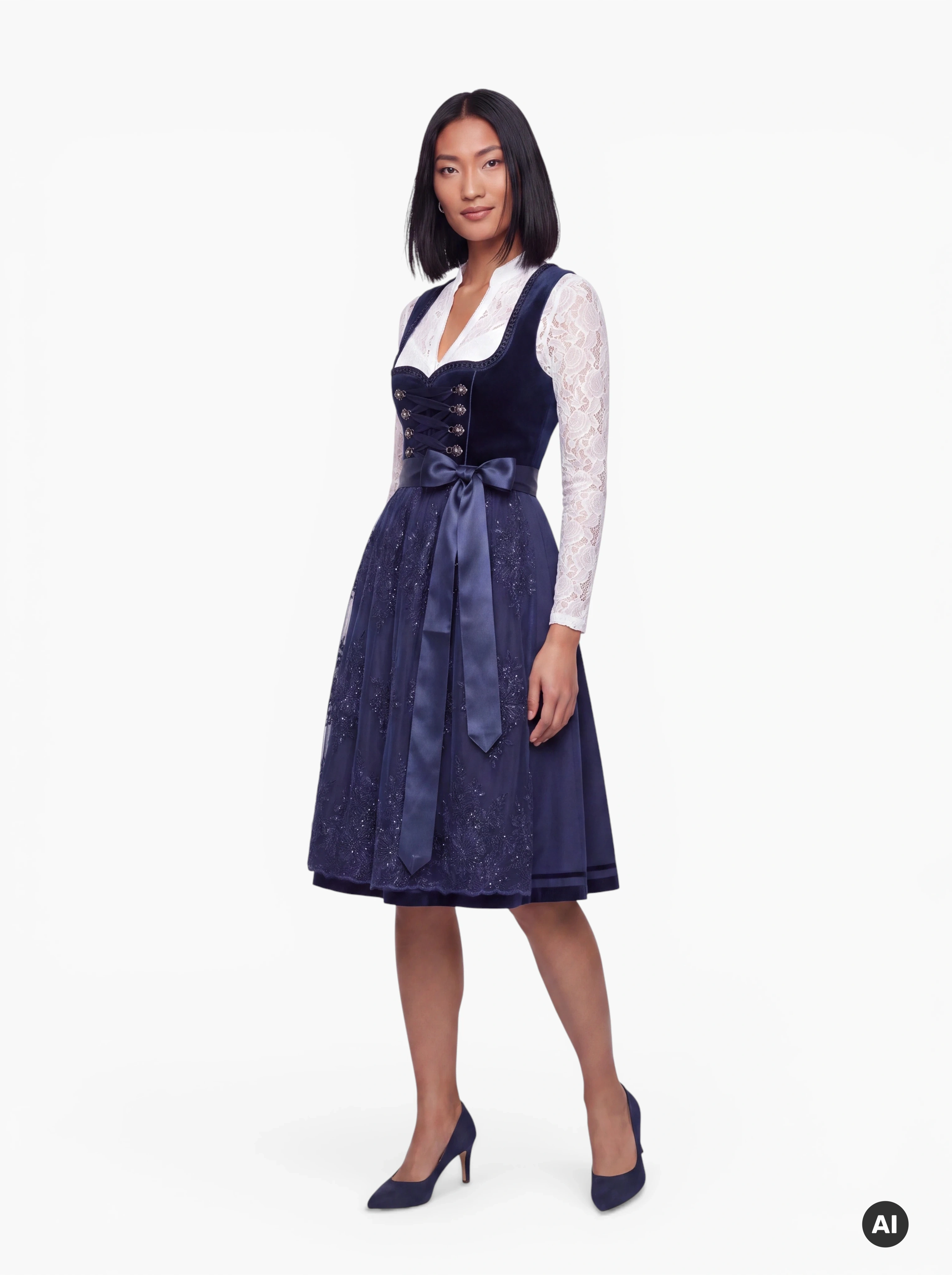 Midi Dirndl Johanna 70 cm Marine mit Spitze & Miederschnürung