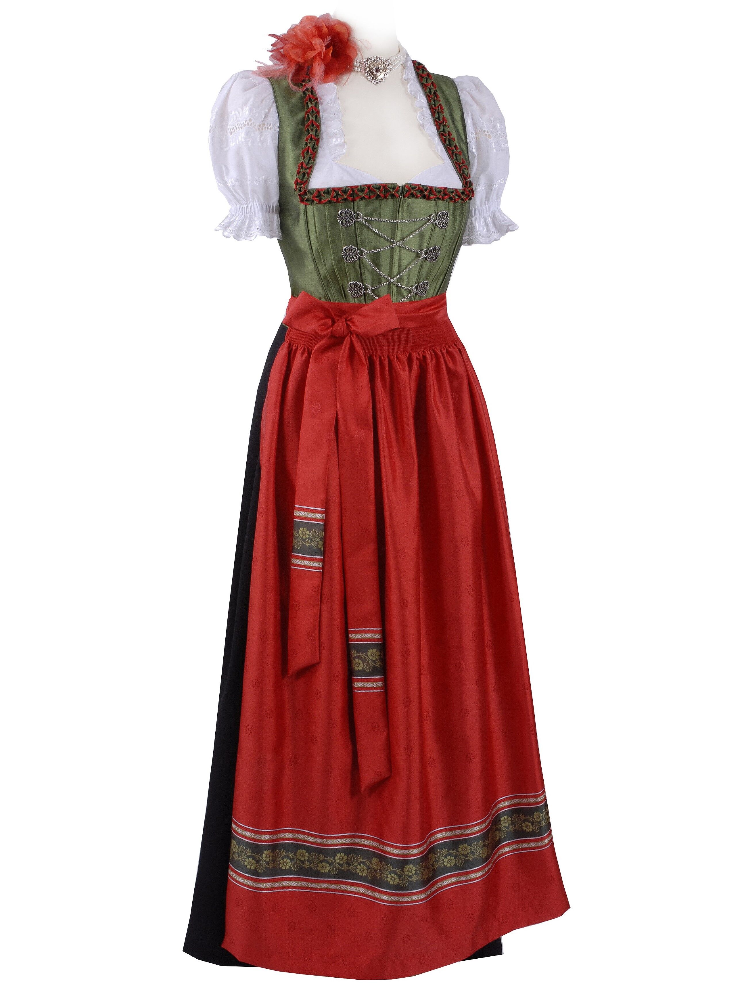 Edles Dirndl lang - Festtagsdirndl  + schöne Satinschürze Grün-Rot Edles Dirndl lang - Festtagsdirndl  + schöne Satinschürze Grün-Rot