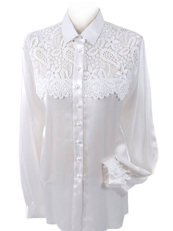 PREMIUM Trachtenbluse Damen 100% Seide festlich Langarm Spitzen Weiß PREMIUM Trachtenbluse Damen 100% Seide festlich Langarm Spitzen Weiß
