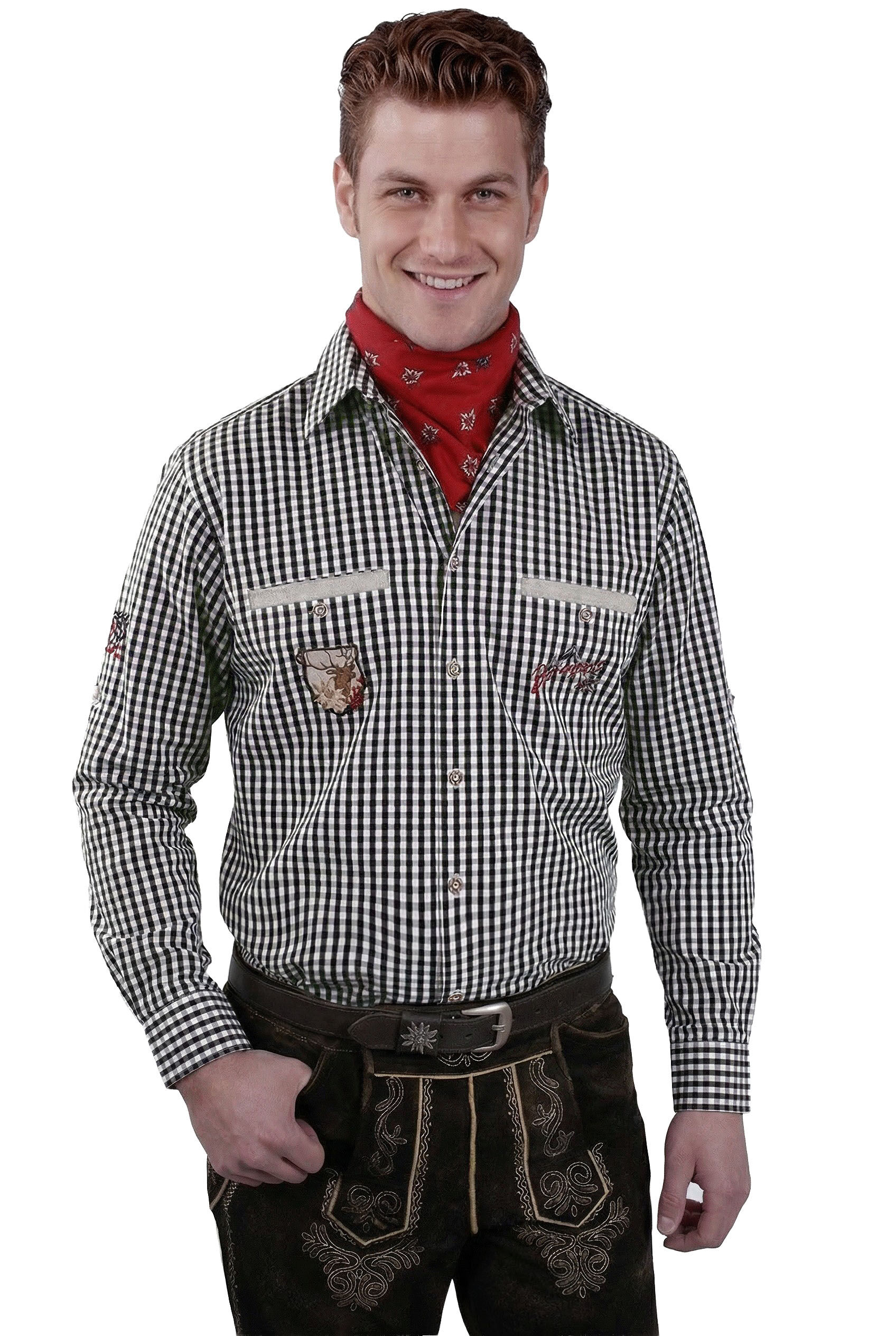 PREMIUM Trachtenhemd kariert Schwarz bestickt "easy care bügelfrei"