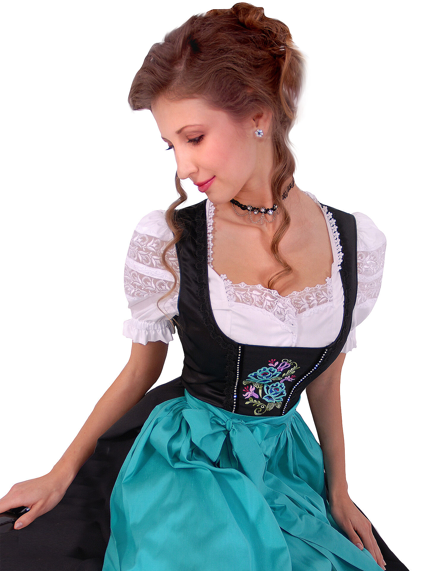 Premium Dirndl lang - Festtagsdirndl Schürze 100% Seide Schwarz Türkis 3tlg. mit Bluse + Schürze Premium Dirndl lang - Festtagsdirndl Schürze 100% Seide Schwarz Türkis 3tlg. mit Bluse + Schürze