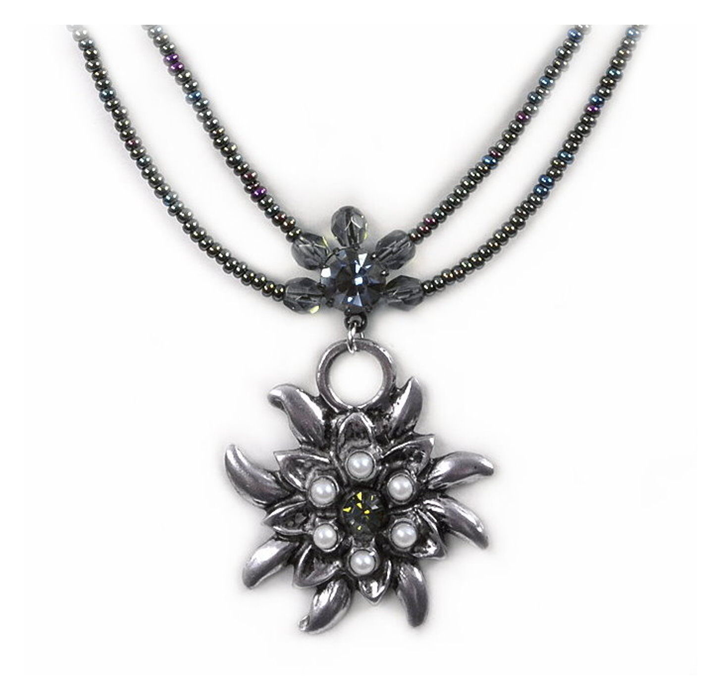Trachtenkette Edelweißkette an Perlenkette Schwarz Trachtenkette Edelweißkette an Perlenkette Schwarz