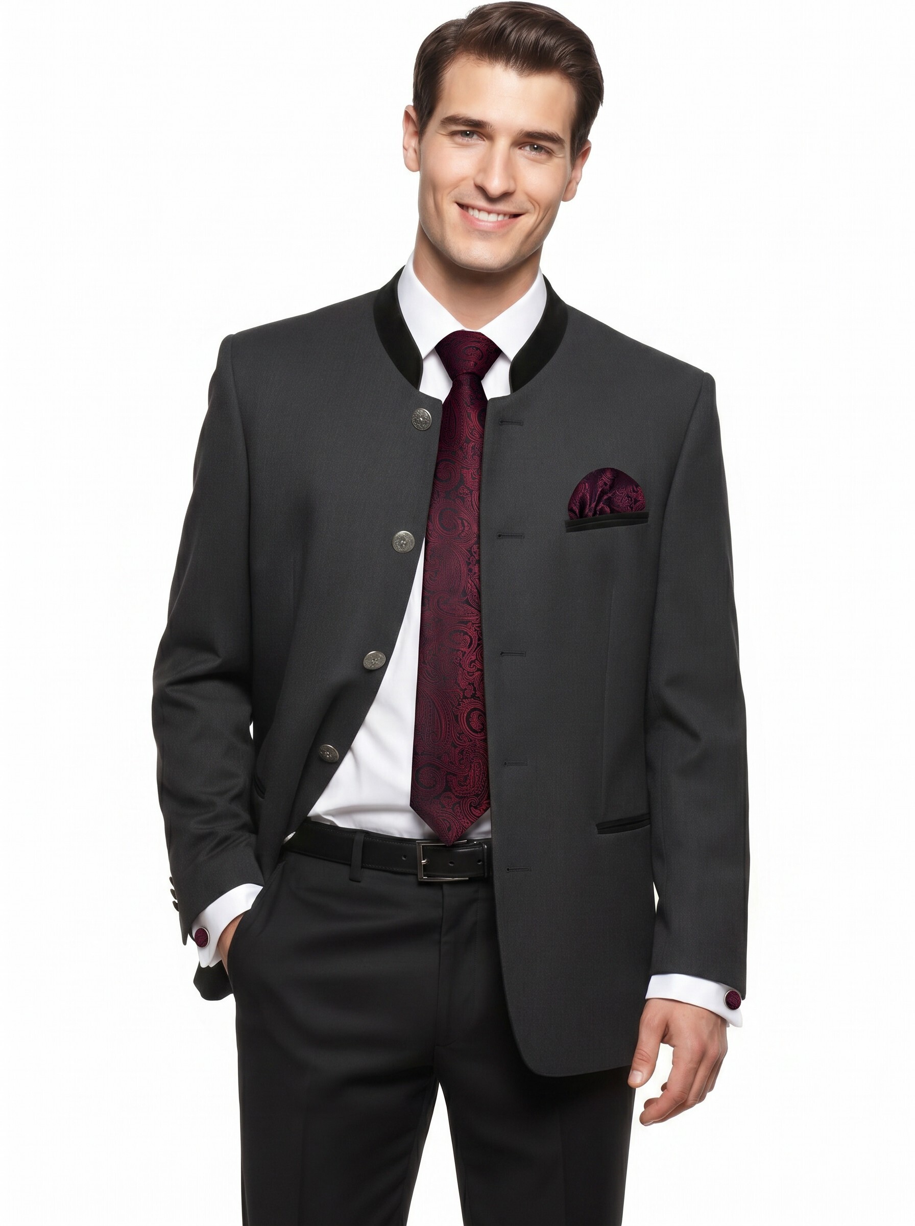 Trachtenkrawatte Paisley 100% Seide 3-tlg. Set festlich + Einstecktuch + Manschettenknöpfen