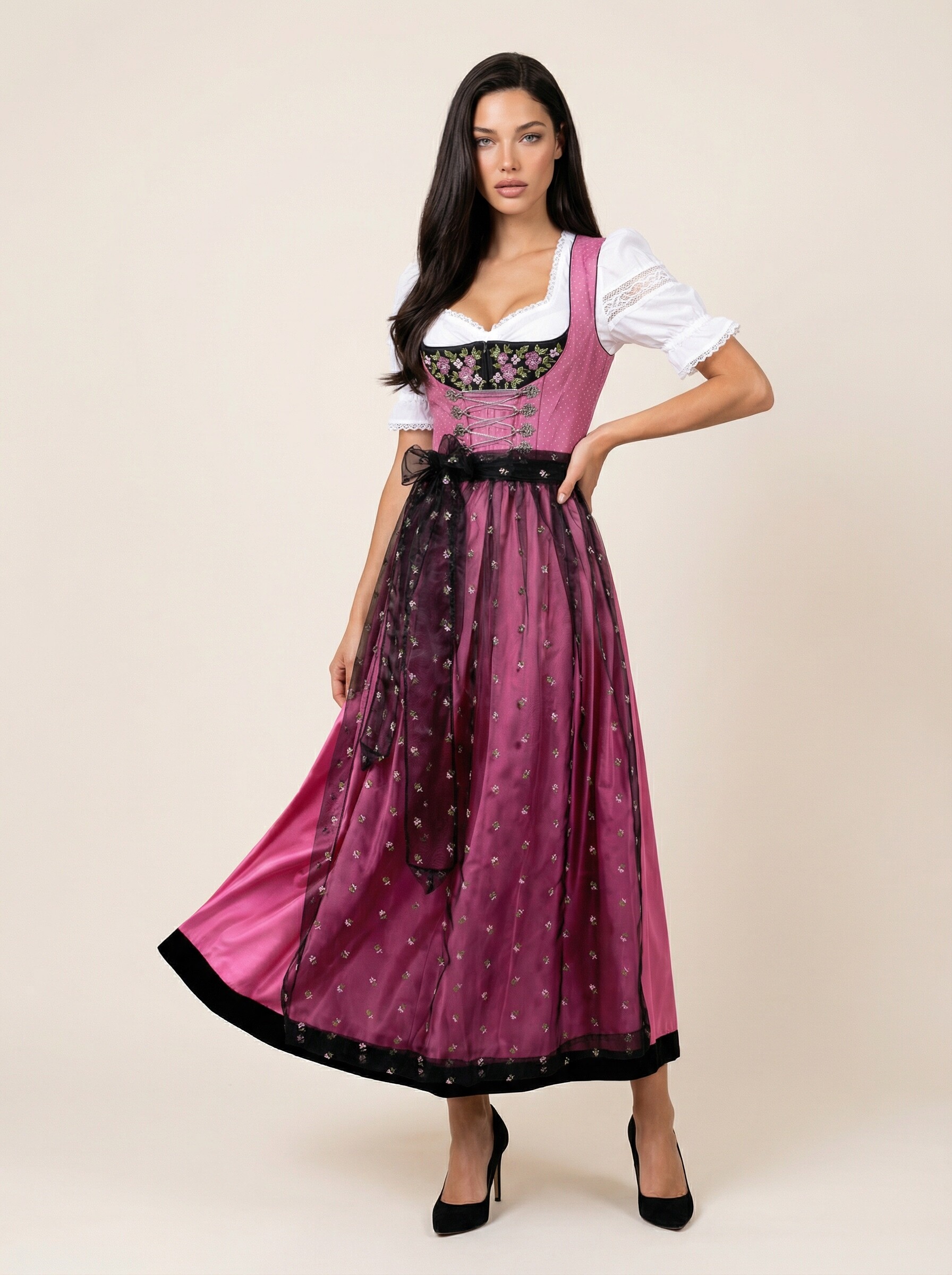 Langes pink-schwarzes Dirndl Katrin für Damen – klassische Frontansicht