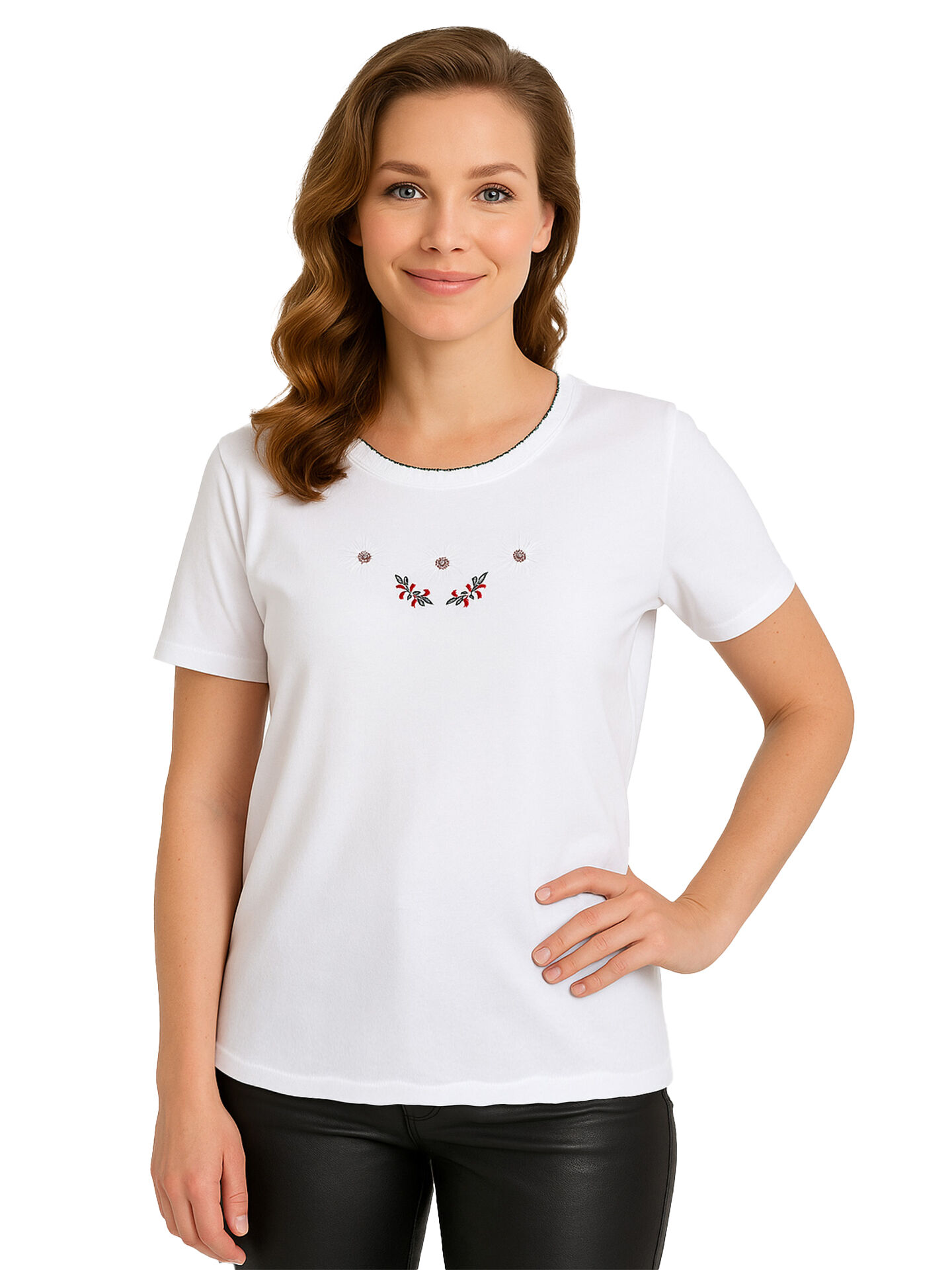 PREMIUM Trachtenshirt Damen T-Shirt lang Edelweiß-Stickerei Weiß 