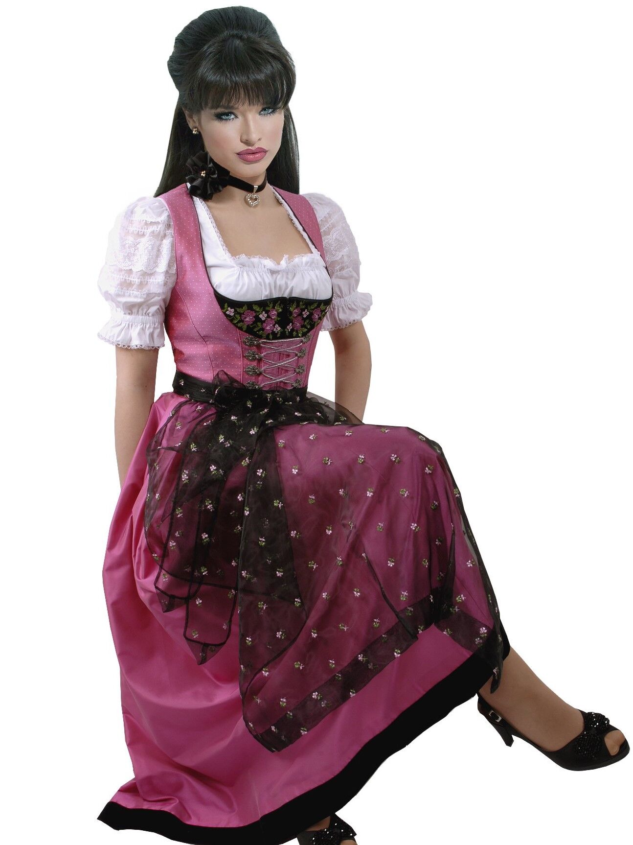 Designer-Dirndl lang - edles Festtagsdirndl Organza-Schürze Pink-Schwarz Set 3-teilig + Bluse Designer-Dirndl lang - edles Festtagsdirndl Organza-Schürze Pink-Schwarz Set 3-teilig + Bluse