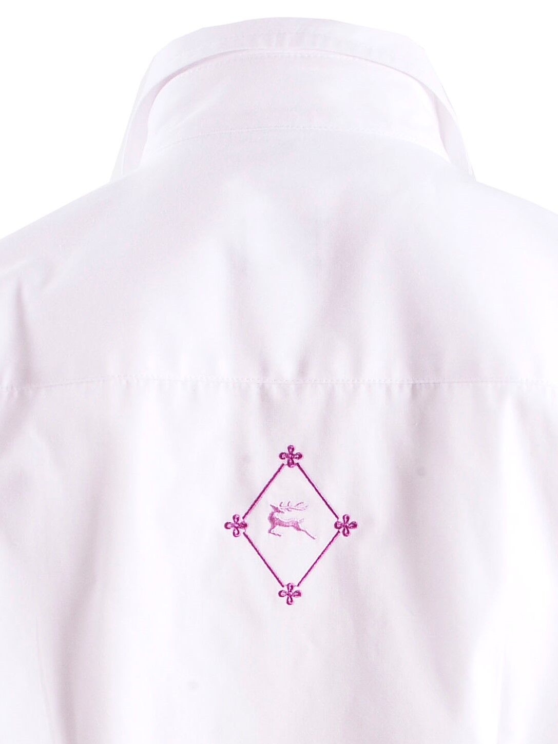 Premium Trachtenbluse Damen Langarm Hirsch-Stickerei Weiß-Pink