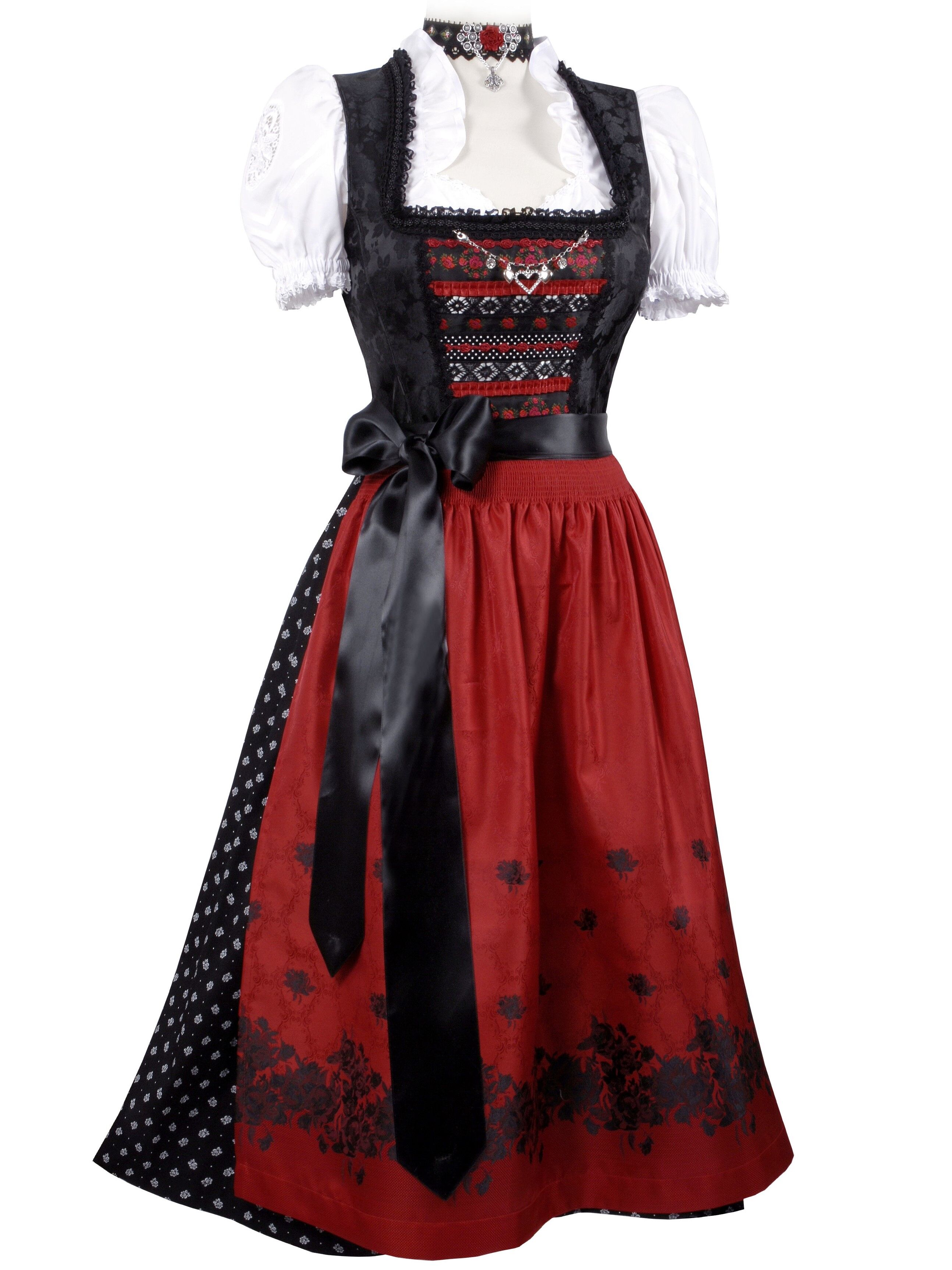 Festliches Midi-Dirndl - kurzes Dirndl + edle Satinschürze Schwarz-Rot Festliches Midi-Dirndl - kurzes Dirndl + edle Satinschürze Schwarz-Rot