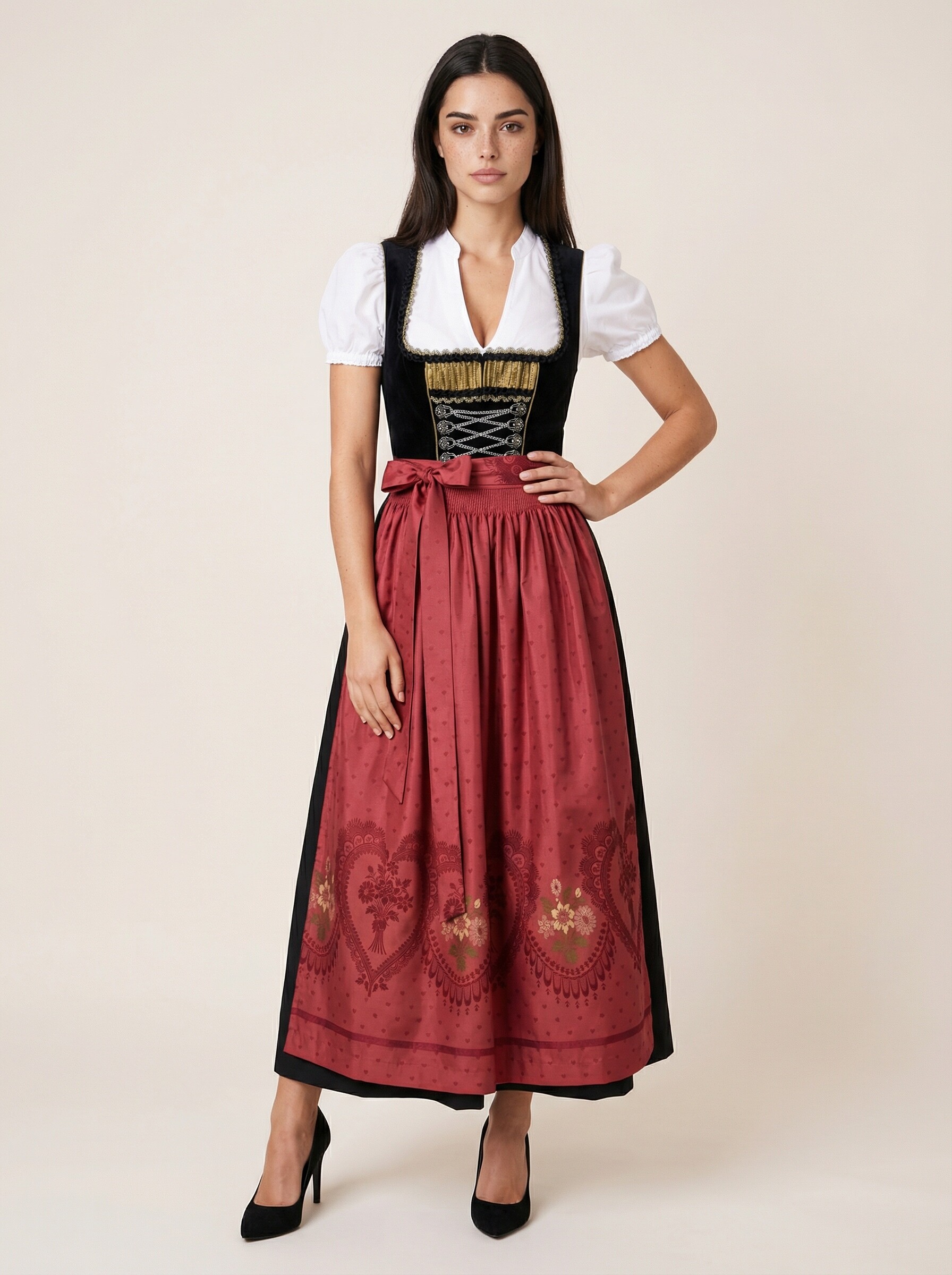 Festliches Dirndl lang - Festtagsdirndl mit edler Satinschürze Schwarz Rot