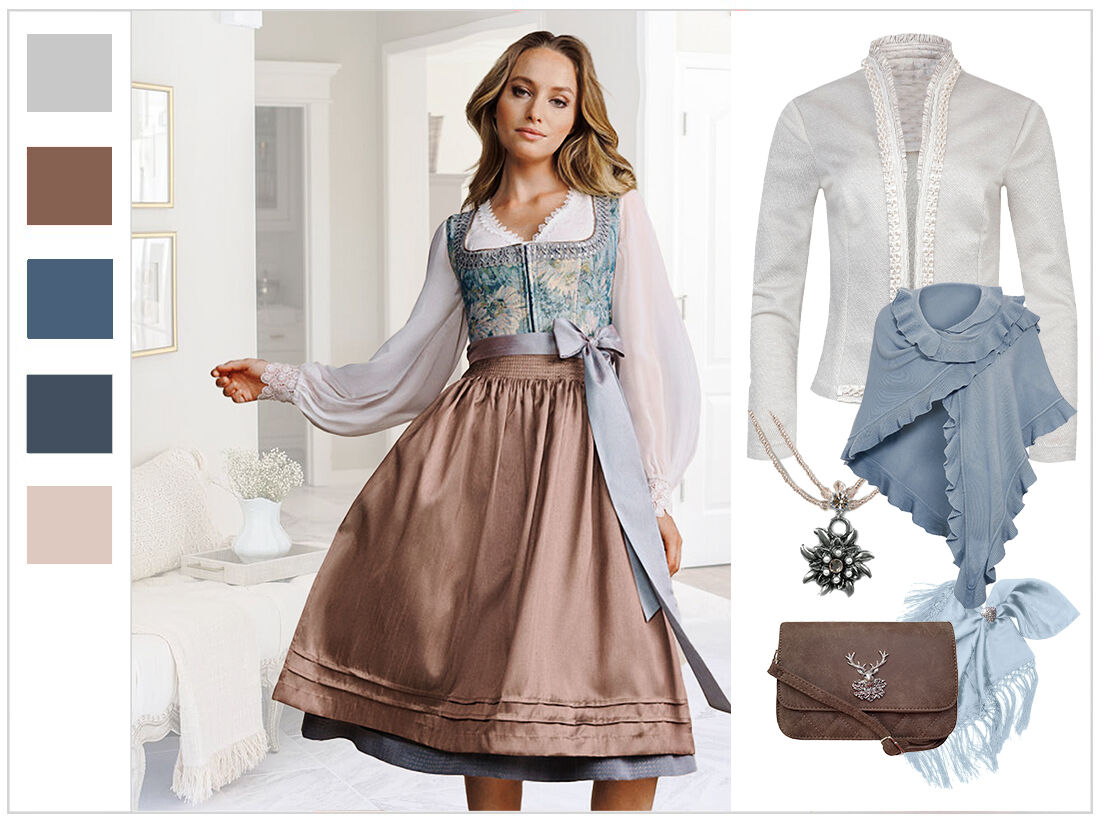 Elegantes Dirndl - kurzes Midi-Dirndl in edlem Beige/Braun Elegantes Dirndl - kurzes Midi-Dirndl in edlem Beige/Braun