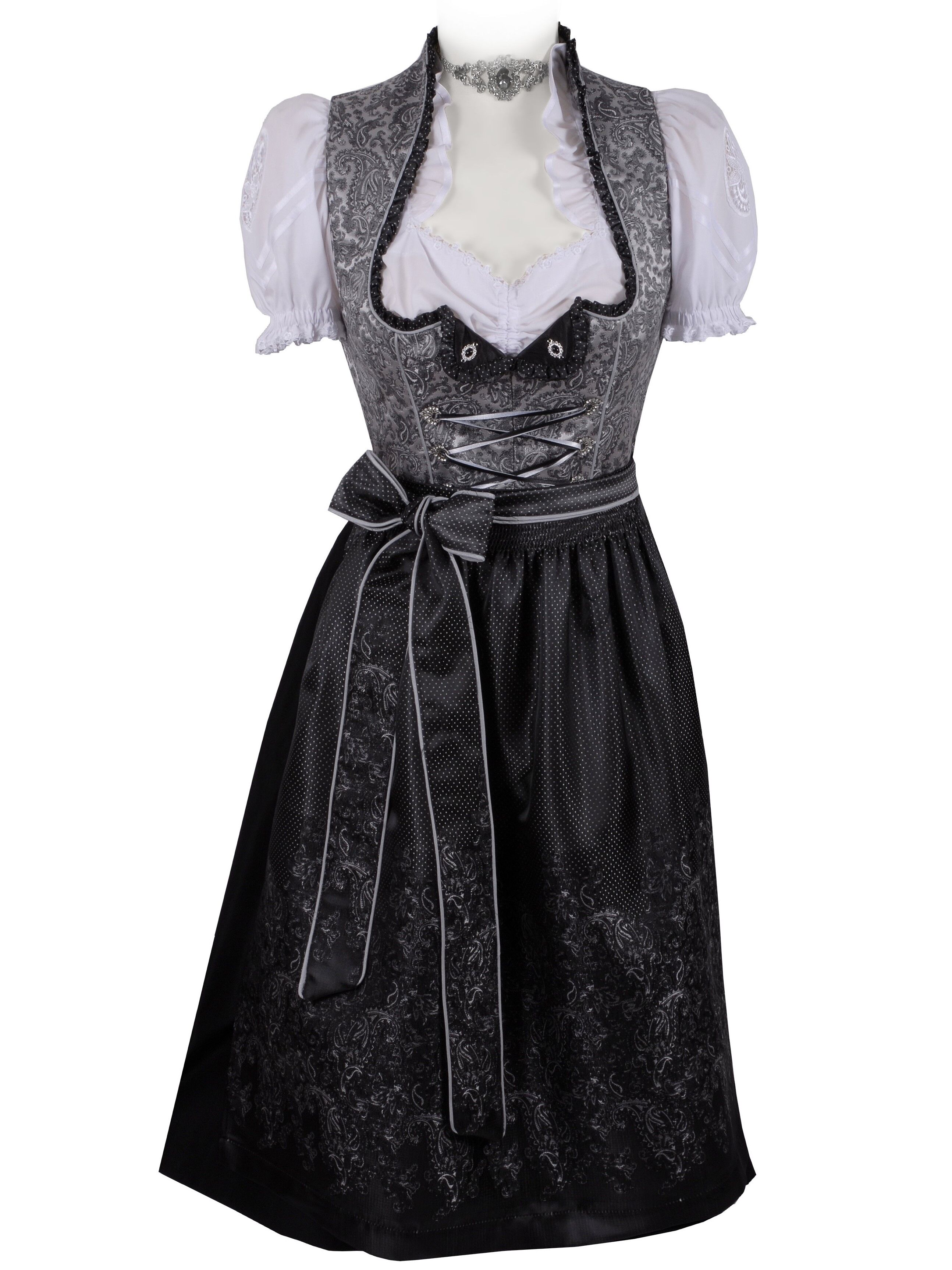 Festliches Midi-Dirndl - kurzes Dirndl mit edler Satinschürze Schwarz-Silber Festliches Midi-Dirndl - kurzes Dirndl mit edler Satinschürze Schwarz-Silber
