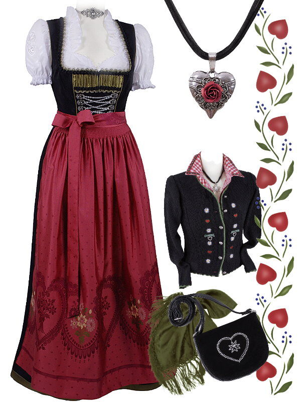 Festliches Dirndl lang - Festtagsdirndl mit edler Satinschürze Schwarz Rot Festliches Dirndl lang - Festtagsdirndl mit edler Satinschürze Schwarz Rot