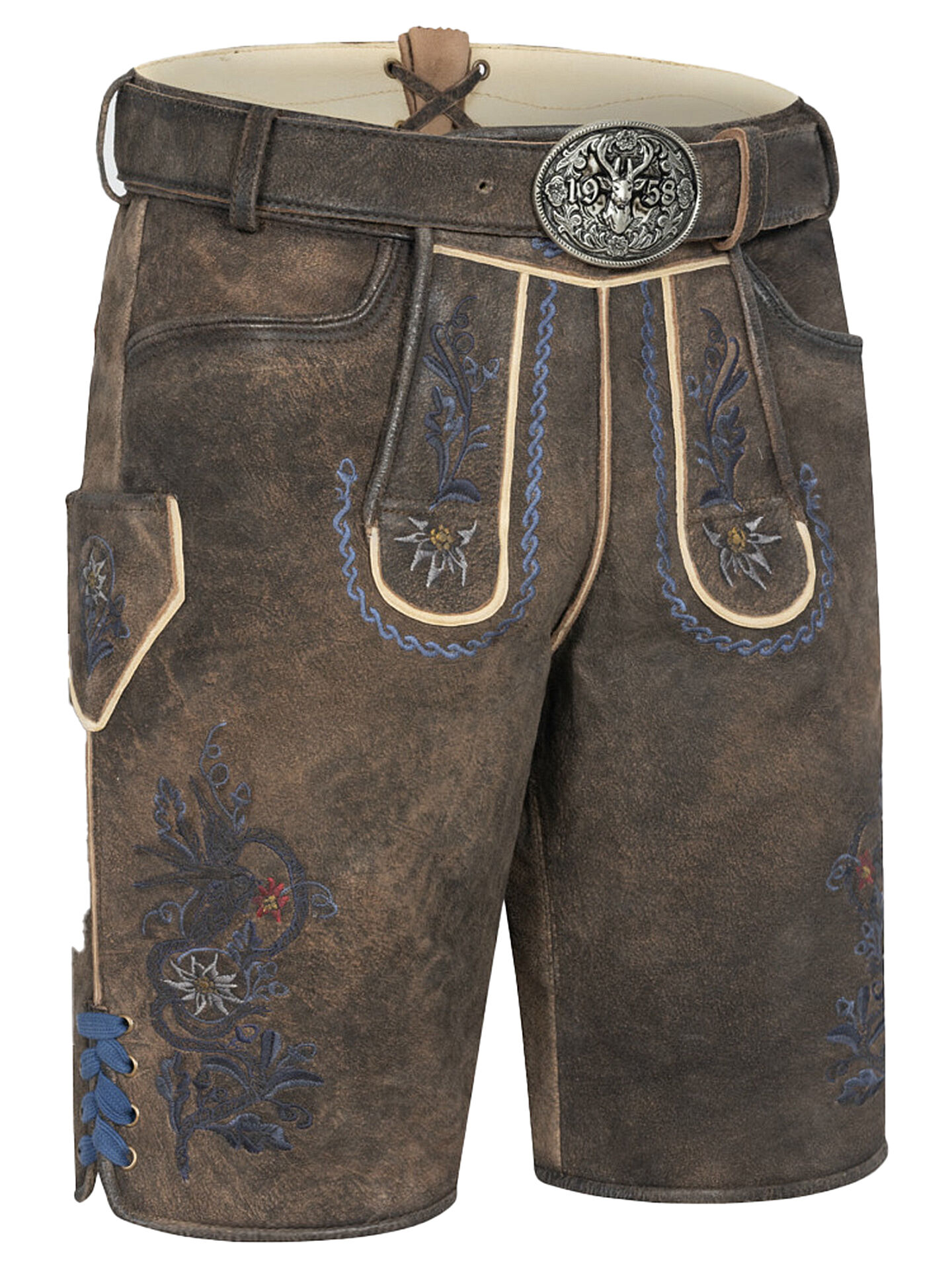 Trachtenlederhose kurze Lederhose Herren Braun-Blau Edelweiß-Stickerei