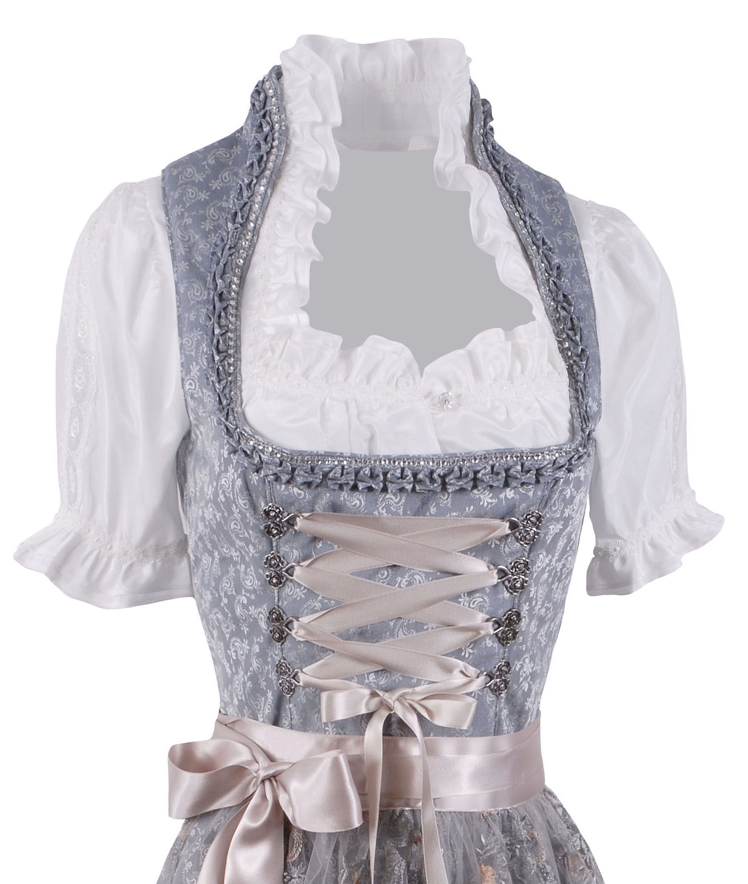 Festliches Midi-Dirndl - kurzes Dirndl mit Spitzenschürze Blau-Silber Festliches Midi-Dirndl - kurzes Dirndl mit Spitzenschürze Blau-Silber