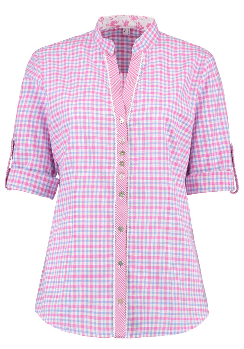 Trachtenbluse Damen kariert Langarm Edelweiß Stickerei Rosa-Blau Trachtenbluse Damen kariert Langarm Edelweiß Stickerei Rosa-Blau